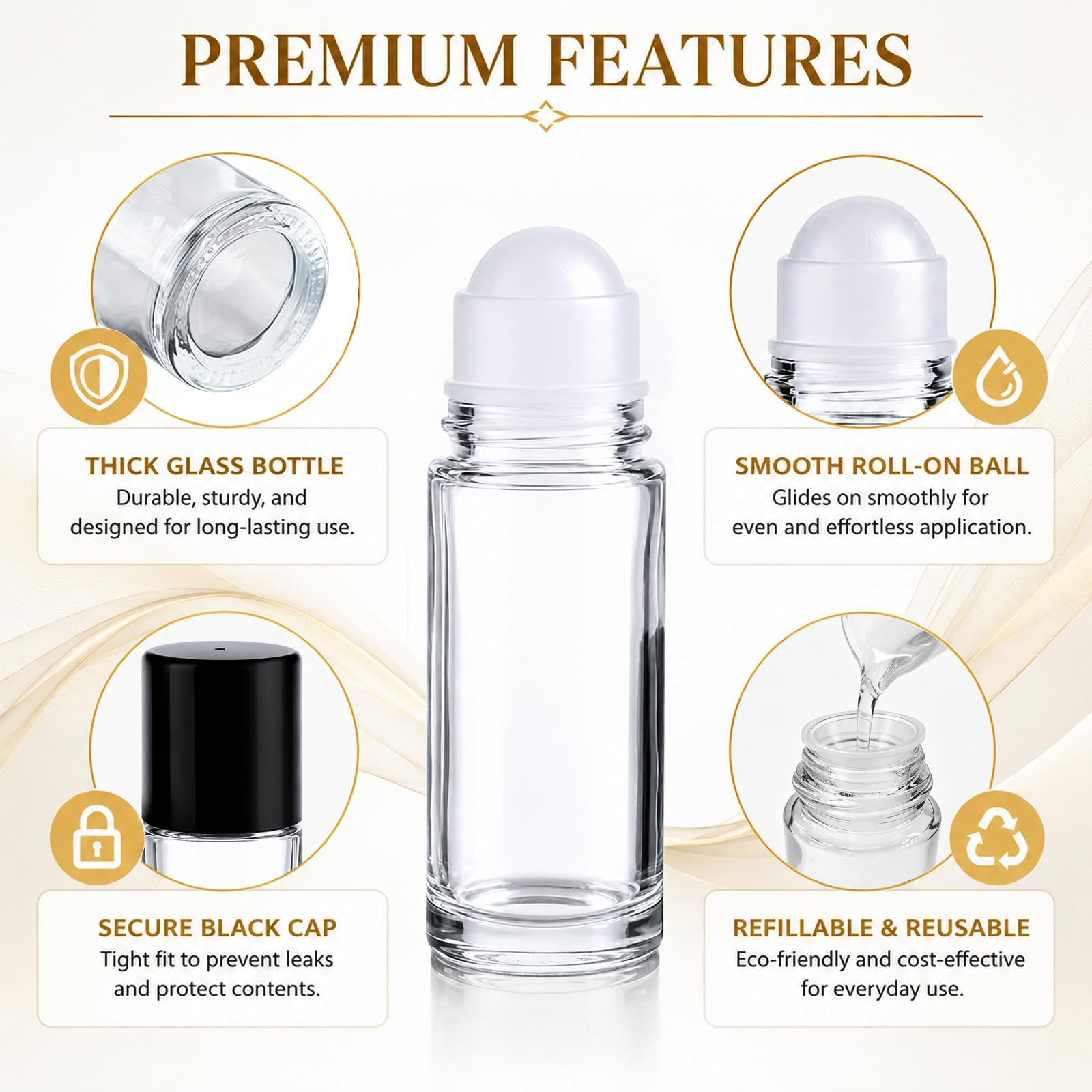 4 x 50ml Botellas de Rodillo de Vidrio, Botellas Vacías con 2 x 5ml Pipetas, Embudo de Plástico & Pegatina, Anti-Fuga para Aceites Esenciales, Perfume, Aromaterapia