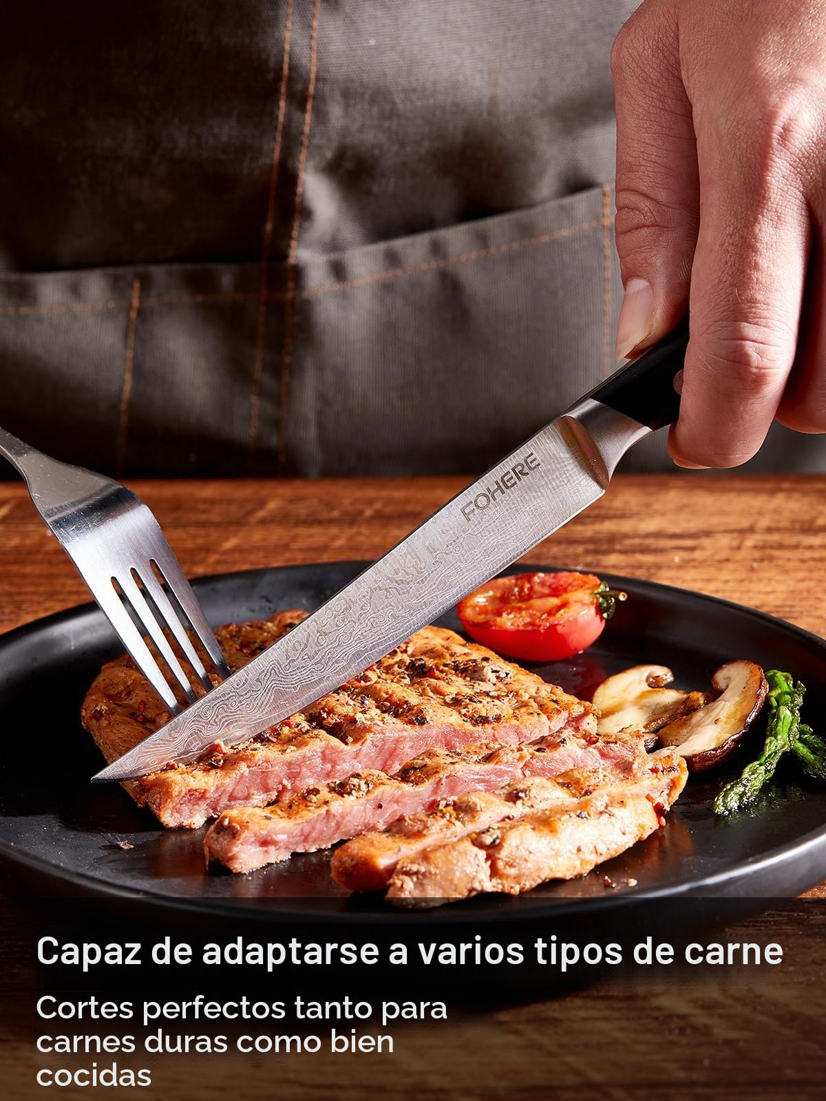 FOHERE Cuchillos para Carne con Bloque de Cuchillos, Juego de 8 Cuchillos para Carne de Acero Inoxidable con Hoja Recta Extra Afilada, Patrón de Damasco, Diseño de Mango Ergonómico de Espiga Completa