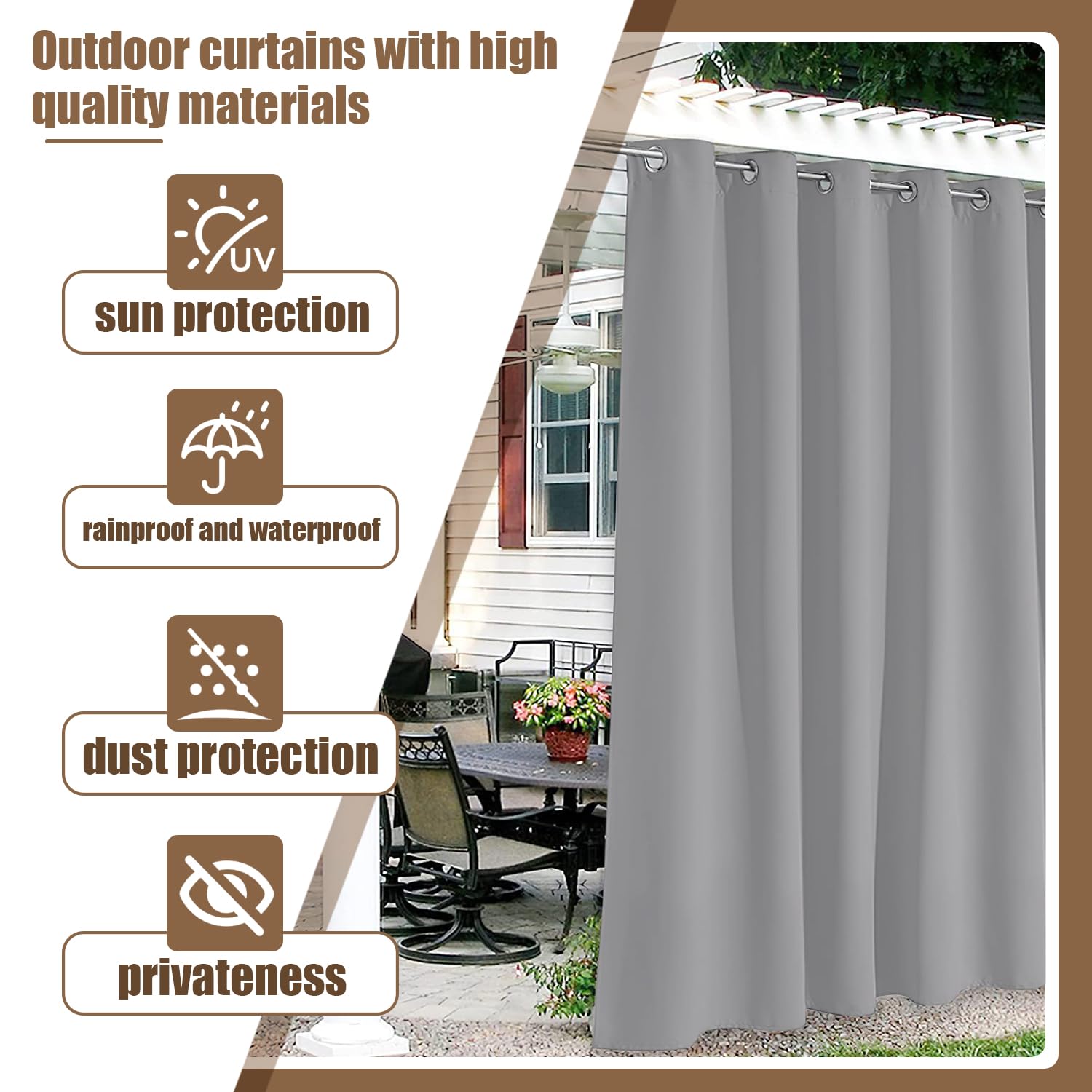 Outdoor Vorhang Wetterfest mit Ösen, 210x180CM, Sichtschutz Sonnenschutz Outdoor Gardine, ardinen Sichtschutz, Sonnenschutz Gardine für Pavillon Terrasse Pergola, Hellgrau