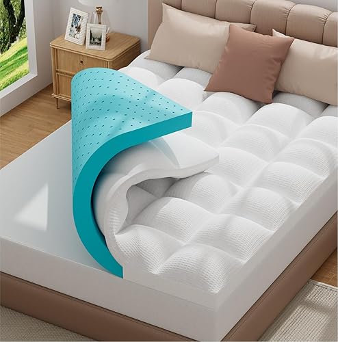 Miniatura 1 de Bedluxury Cubrecolchón de fibra viscoelástica de gel de 3 pulgadas, funda de colchón de doble capa, soporte cómodo y alivio de presión