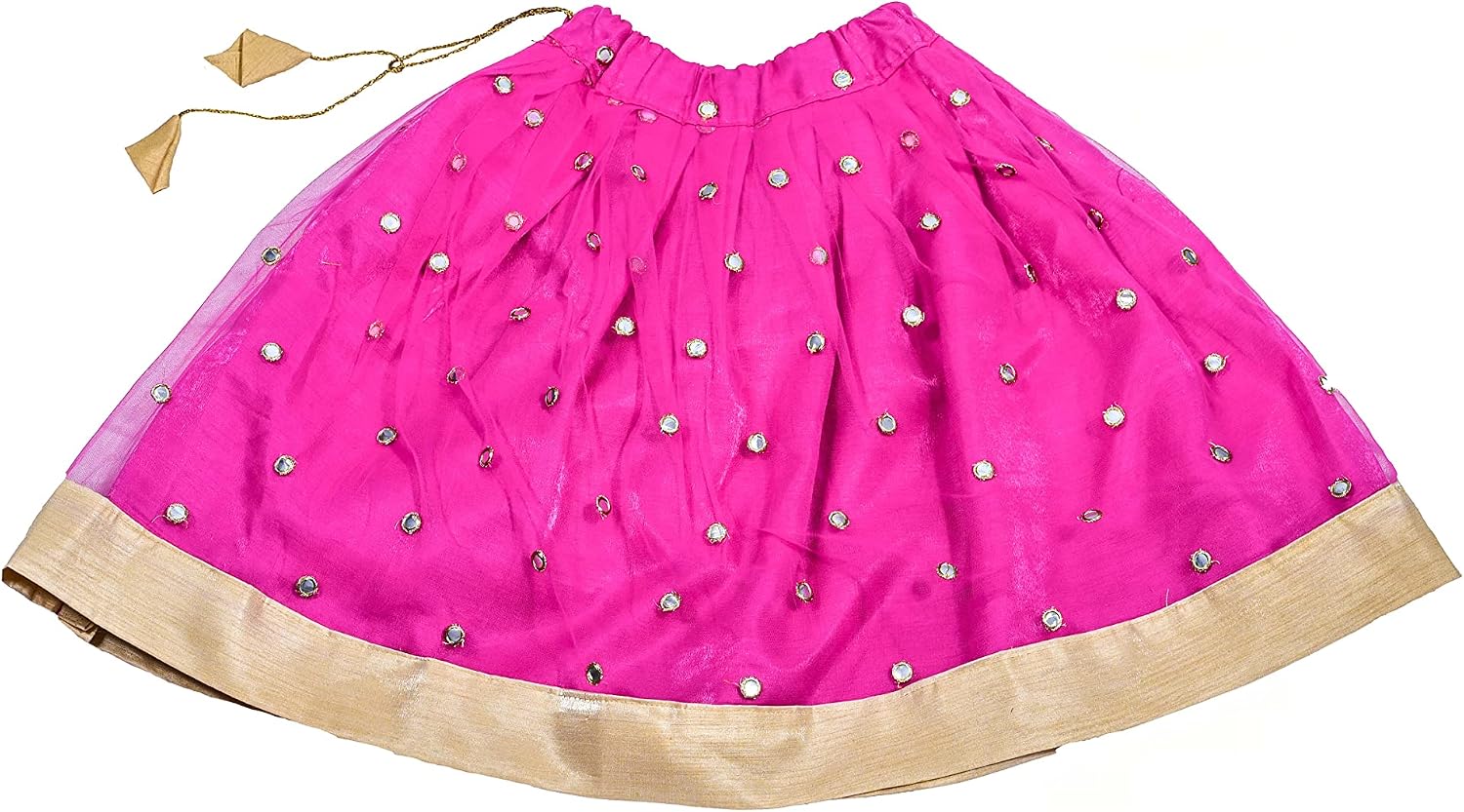 Golden Art Silk Top & Pink Net Skirt Set, Kids Lehenga Choli, Pattu Pavadai, Kids Lehenga, Ethnic Kids Wear