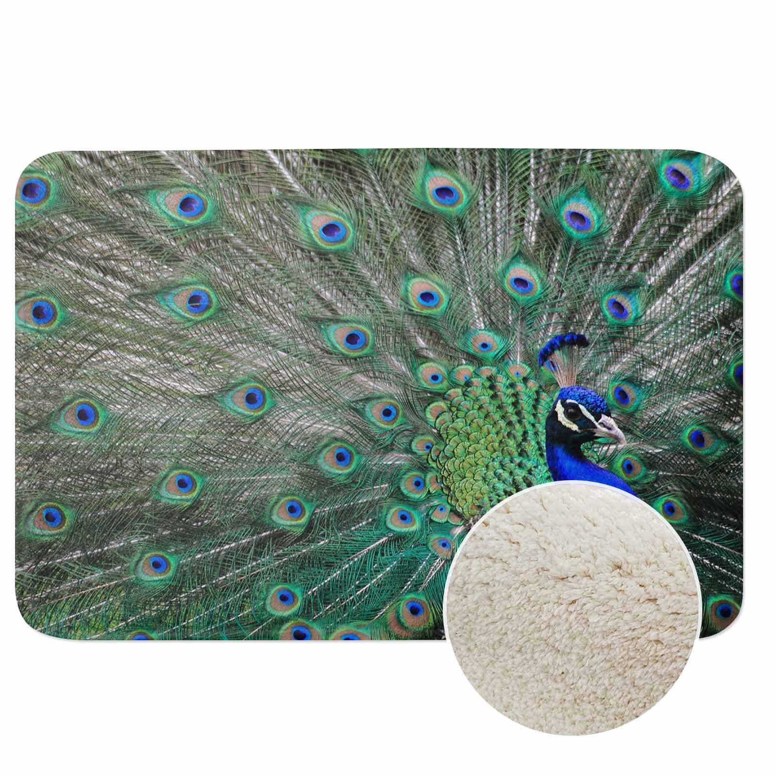 AOYEGO Peacock Bath Rugs for Bathroom Peacock and Green Feathers Flannel Bath Mat Rug Clearance Mats for Forlaundry Room and Kitchen Decor Carpt Washable 15.7 x 23.6 Inch