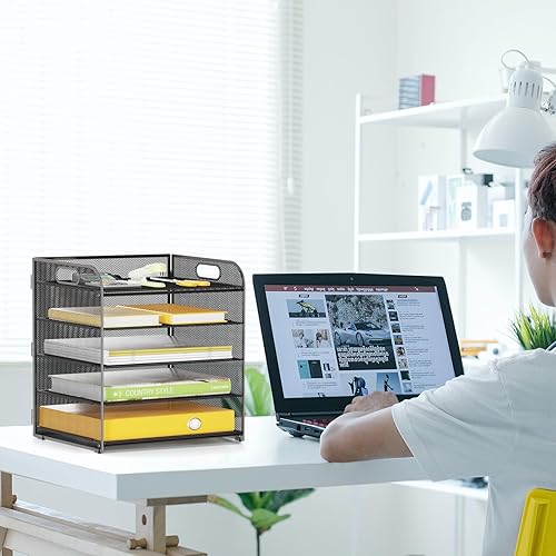 Miniatura 7 de VIEERINN Organizador de bandeja de papel de 5 niveles con asas, organizador de archivos de escritorio de malla, soporte clasificador de papel de