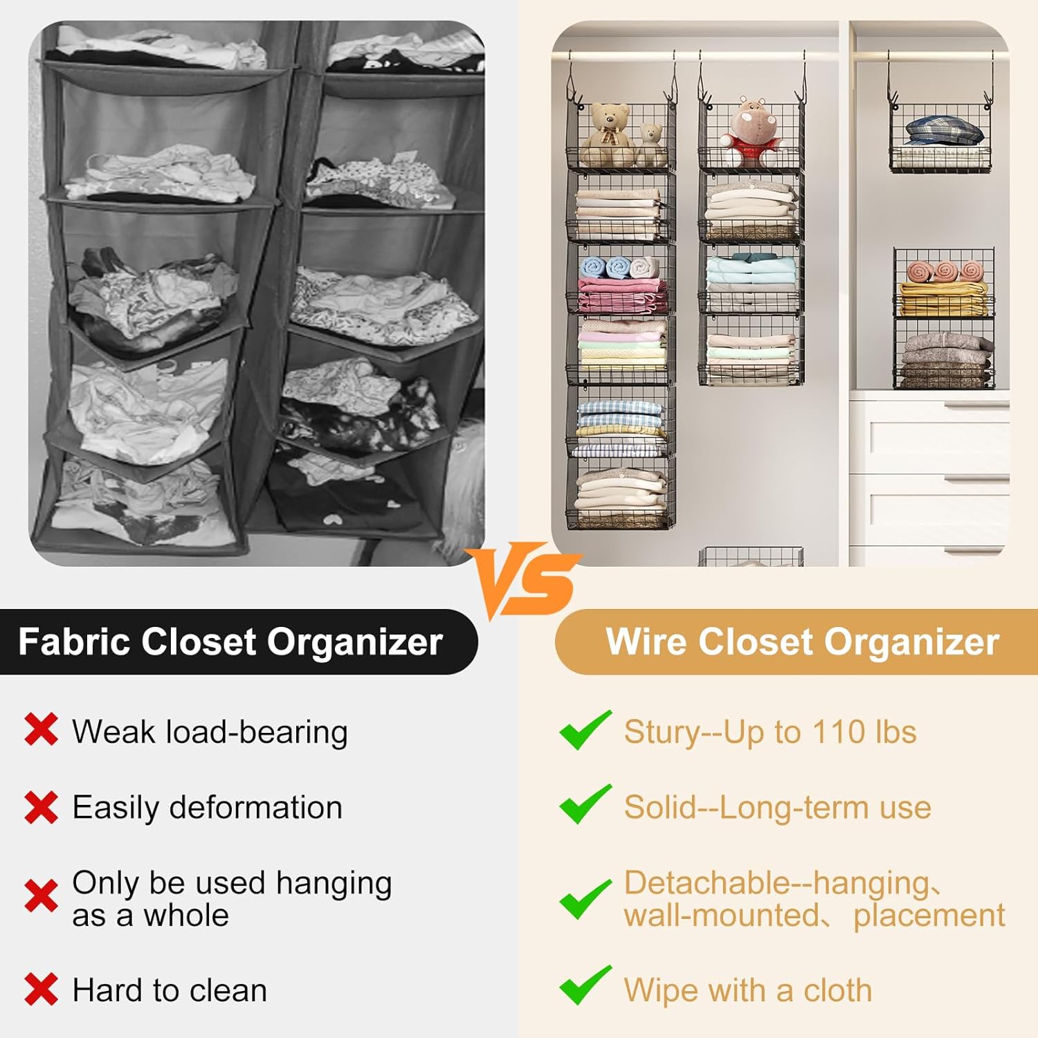 6 Tier Closet Hanging Organizer, Clothes Hanging Shelves with 4 Hanging Hooks 5 S Hooks, Wire Storage Basket Bins, for Clothing Sweaters Shoes Handbags Clutches Accessories Patent Design-Black