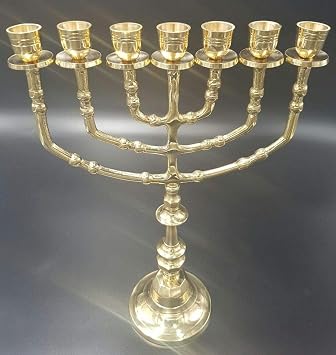 Yaliland | 7-Branch Arm Menorah Decor | 14-Inch Polished Brass Candelabra | Elegant Traditional Temple Design Candle Holder Gift
