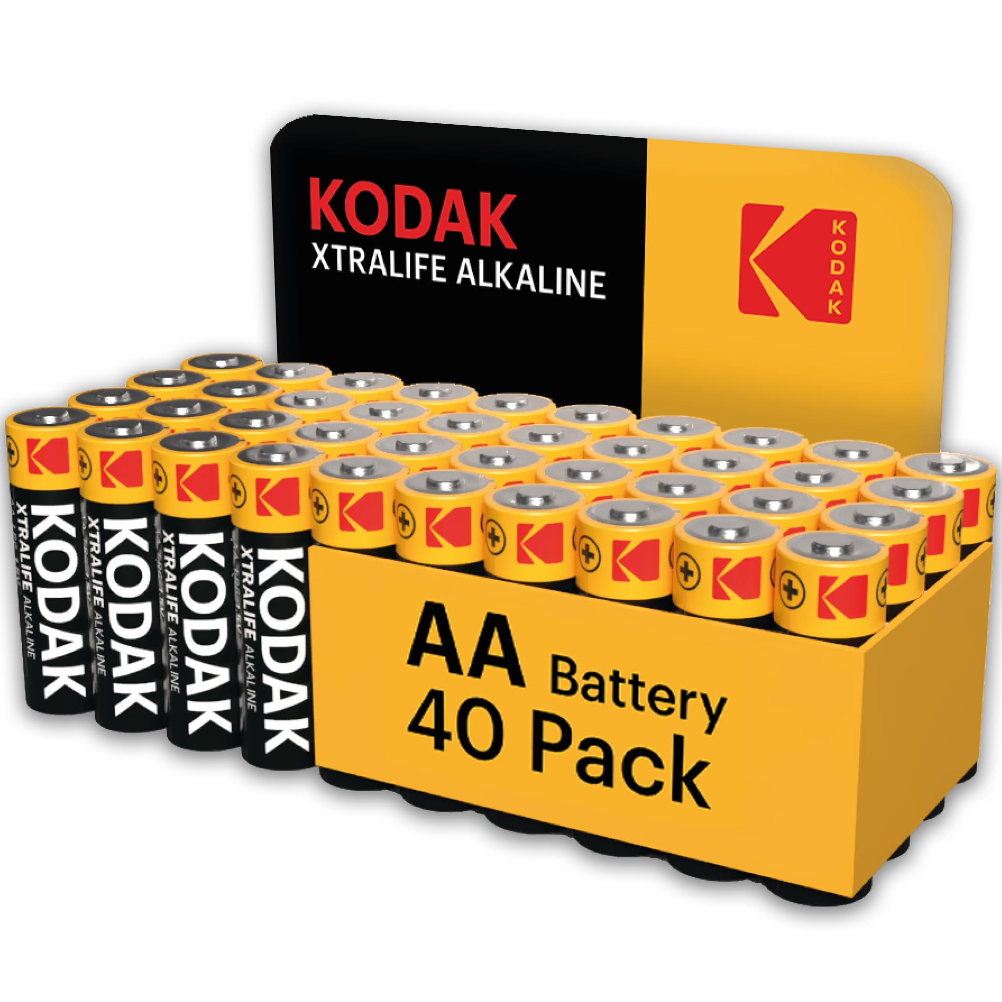 Kodak Xtralife 40-Pack AA Batteries, Double A Alkaline Battery Pack, 1.5V, 10-Year Shelf Life, LR6, Ideal for High-Drain Devices, 12x More Power, Plastic Free Cardboard Outer Carton
