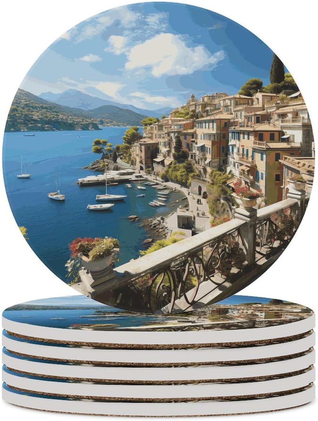 Mediterranean View Coasters Round Coasters Set Ceramic Stone Coaster with Cork Base Coffee Cup Beverage Cup Mat Cute Funny Table Drinks Coaster for Mugs and Cups Office Kitchen