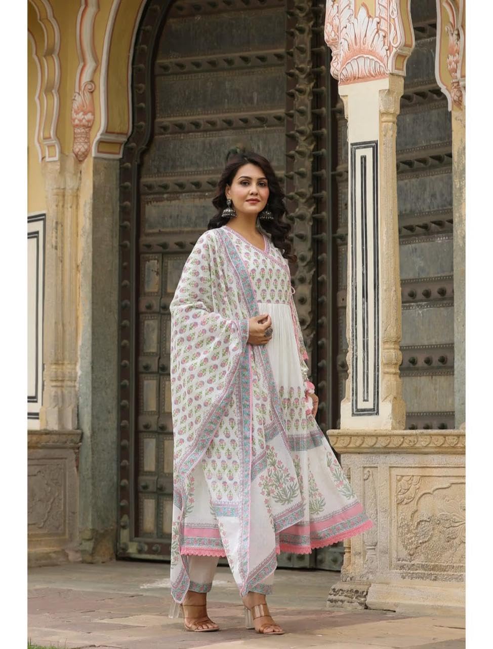 RangMahal indyjskie damskie spodnie z czystej bawełny haftowane Anarkali Kurta Tussle Dupatta zestaw