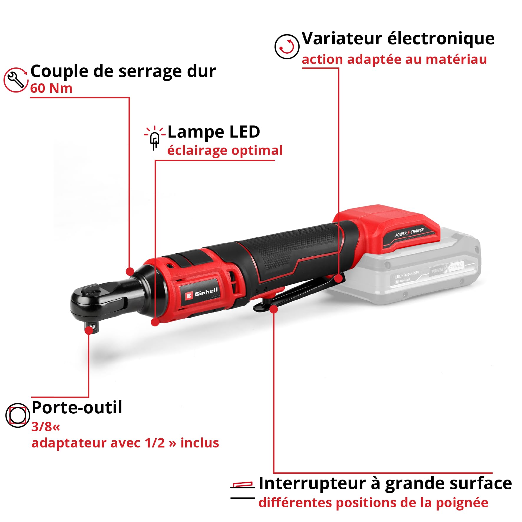 Einhell clé à cliquet sans fil TE-RW 18/60 Li-Solo Power X-Change 18V 60 Nm mandrin 3/8" adaptateur 1/2"