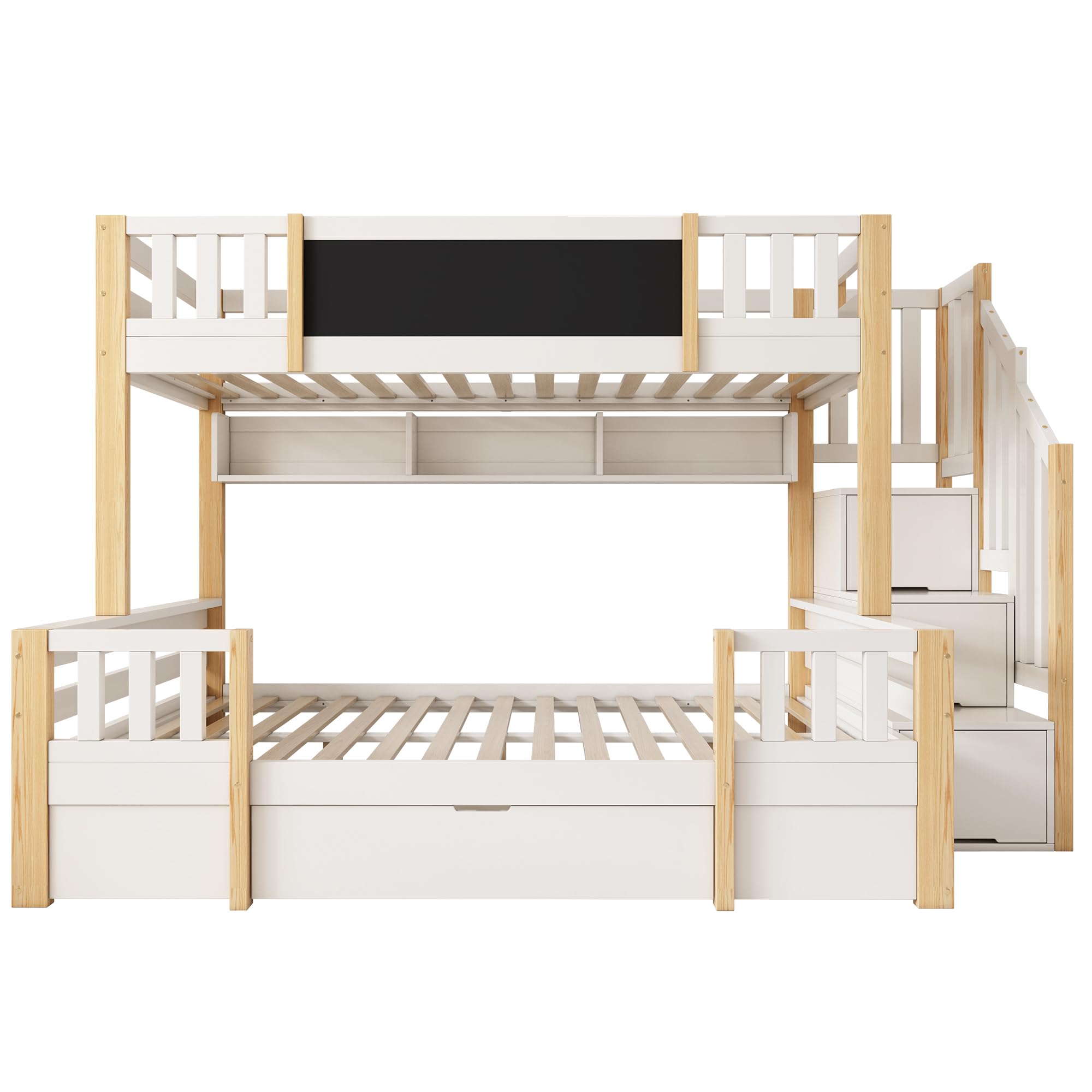 Hochbett Etagenbett 2 Kinder 90x200cm+140x200cm, Kinderbett mit Rausfallschutz, Tafel und Stauraumtreppe, unteres Bett mit Schublade und dreigeteilter offener Stauraum (B-Weiß+Natur)