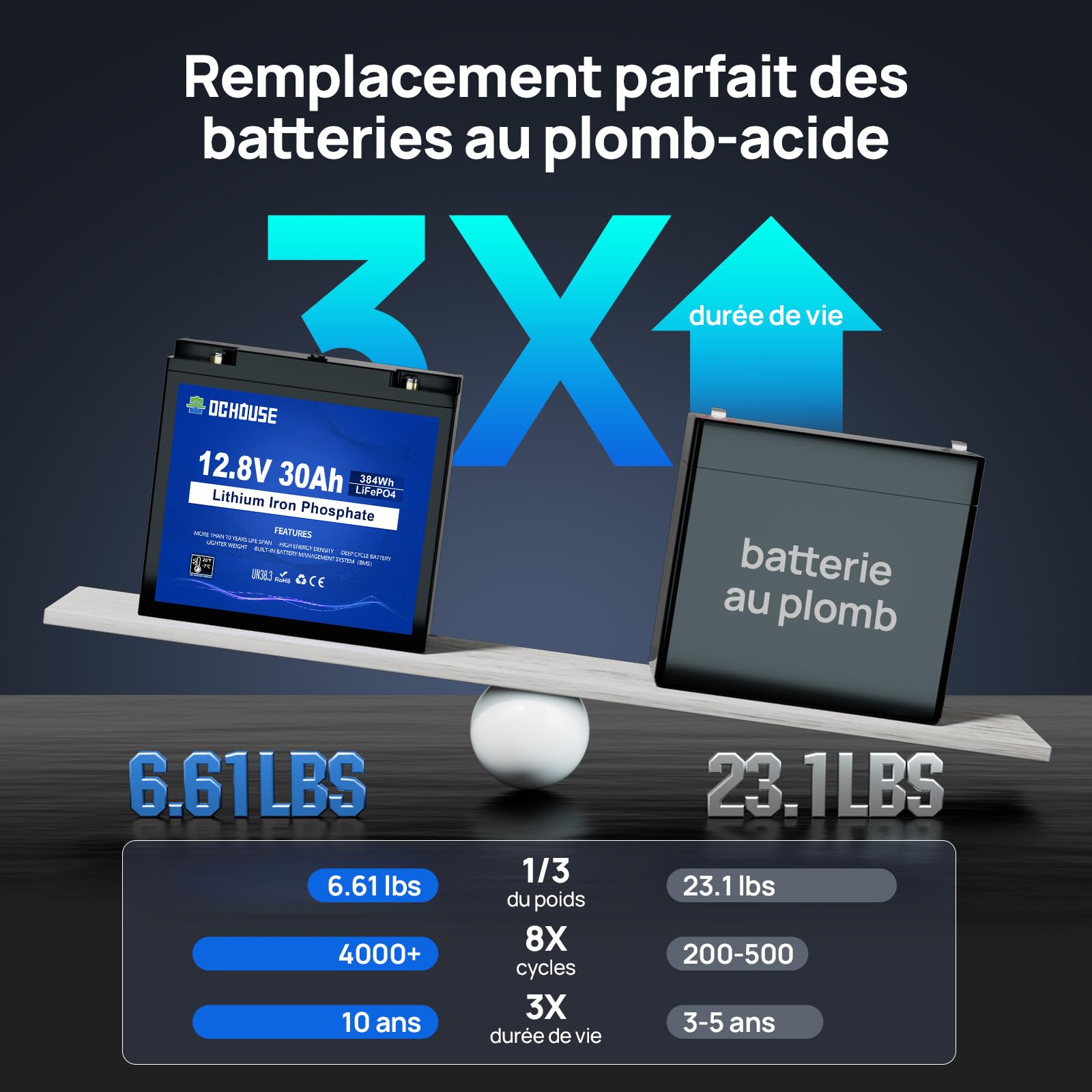 DCHOUSE LiFePO4 Lot de 2 Batteries au Lithium Rechargeables 12V 30Ah avec Cycle Profond 4000 Fois et Protection BMS pour Signal, Fauteuil Roulant, Solaire, Marine, Camping-Car, Chariot élévateur