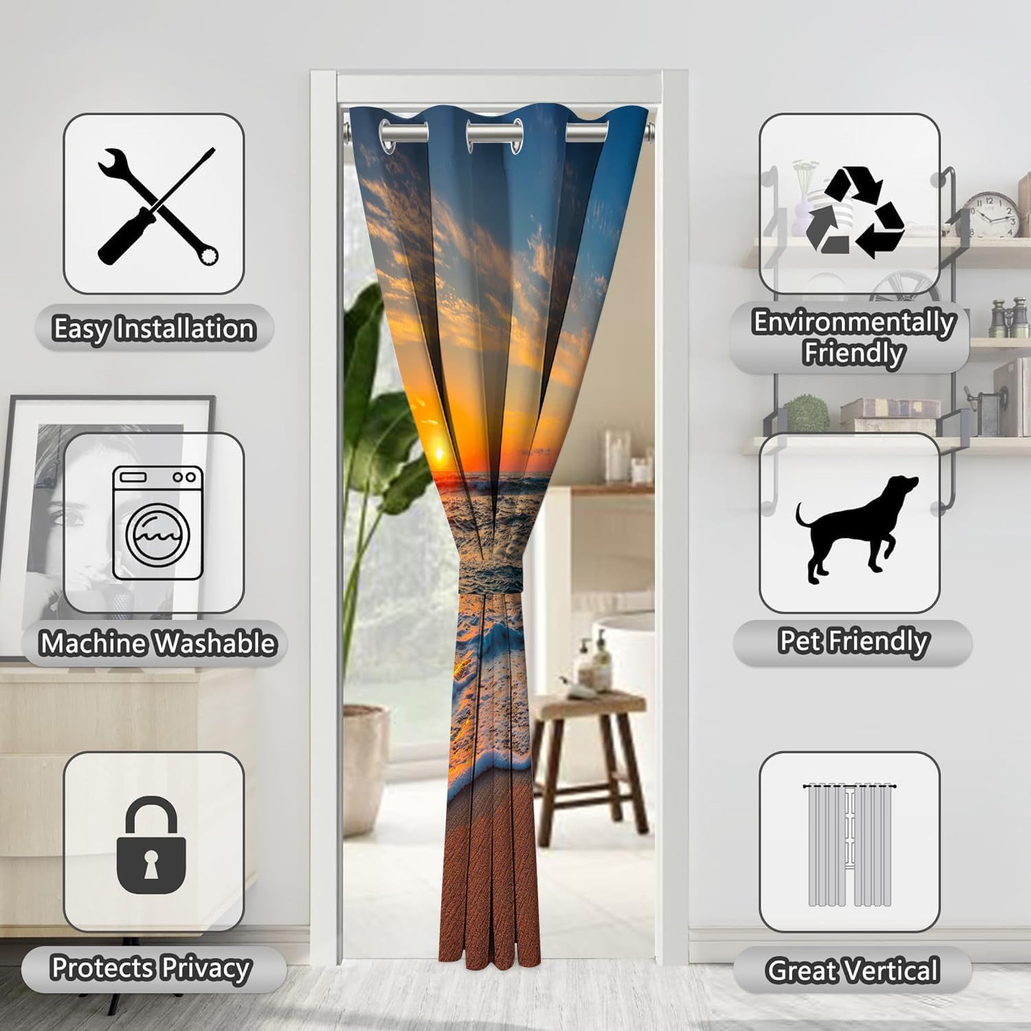 Ocean Beach Door Curtains for Doorways, Hawaiian Coastal Ocean Wave Sunset Blackout Curtain for Kids Bedroom Closet, Grommet Thermal Insulated Privacy Door Drapes for Room Divider, 34" W x 80" L