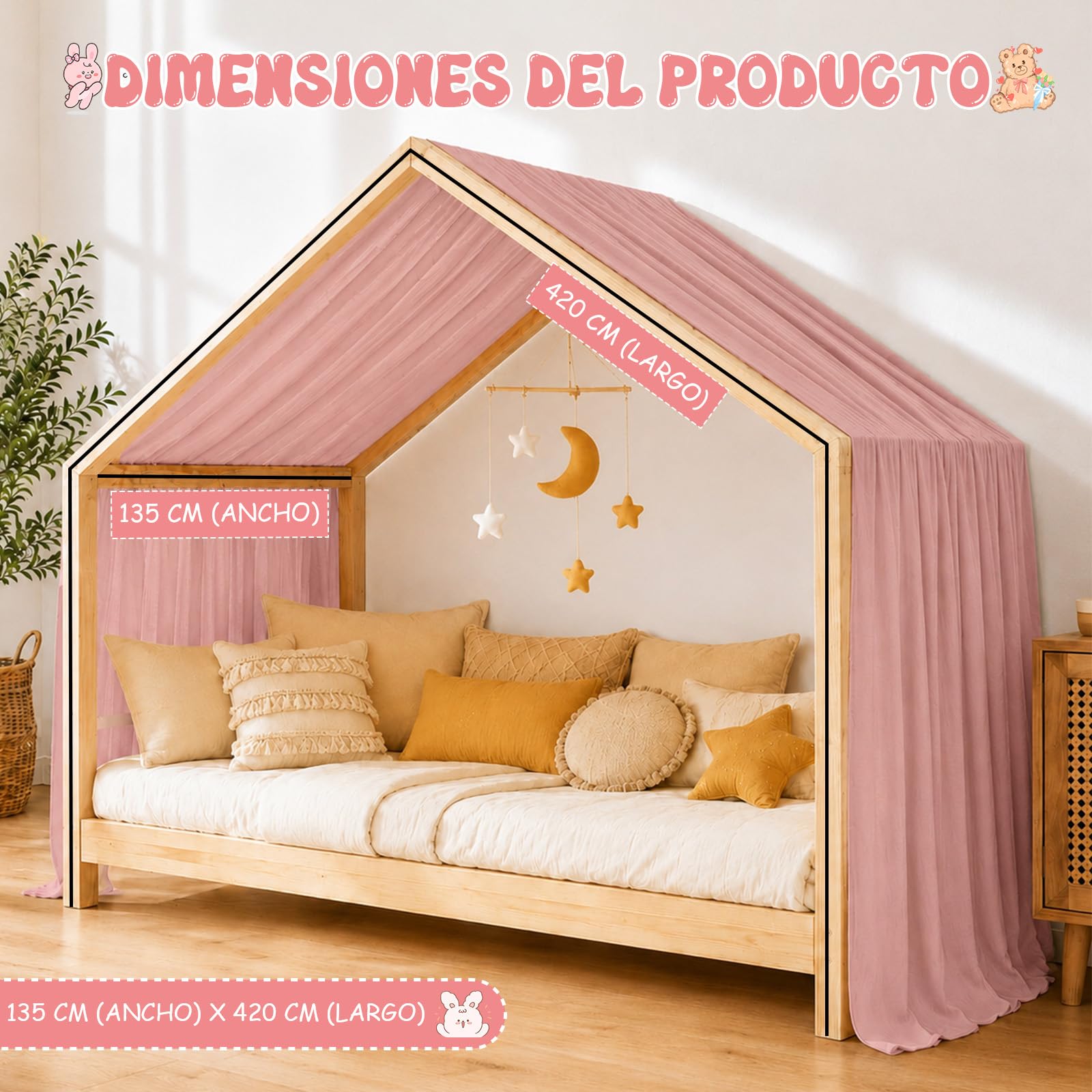 Dosel Cama Infantil, Dosel de Cama con Forma de Casa, Cortina de Muselina de Algodon para Cama Casita, Decoracion para Habitacion Infantil(Rosa, H420 x B135 cm (1 Pieza))