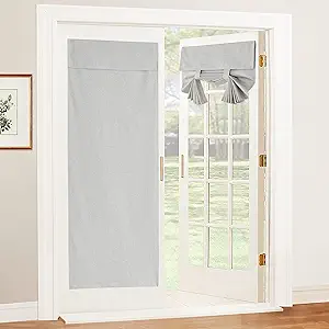 RYB HOME 100% Blackout Tricia Door Curtains, Linen Textured Blend Thermal Insulating Privacy French Door Window Tie Up Shades Living Room Curtains for Kitchen, W 34 x L 80 inches, Light Grey, 1 Panel