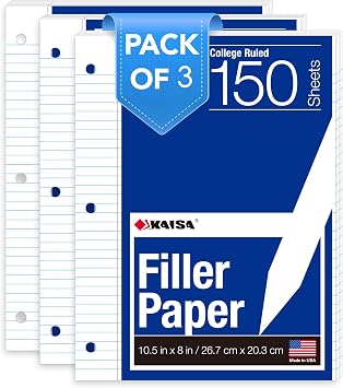 Kaisa Notebook Paper Bulk Wholesale Available 3 Pack Notebook Paper College Ruled 3-Hole Punched Loose Leaf Paper 8x10.5 Filler Paper for 3-Ring Binder, 150 Sheets/Pack 3 Pack-college
