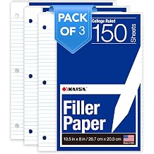 Kaisa Notebook Paper Bulk Wholesale Available 3 Pack Notebook Paper College Ruled 3-Hole Punched Loose Leaf Paper 8x10.5 Filler Paper for 3-Ring Binder, 150 Sheets/Pack (3 Pack-college)