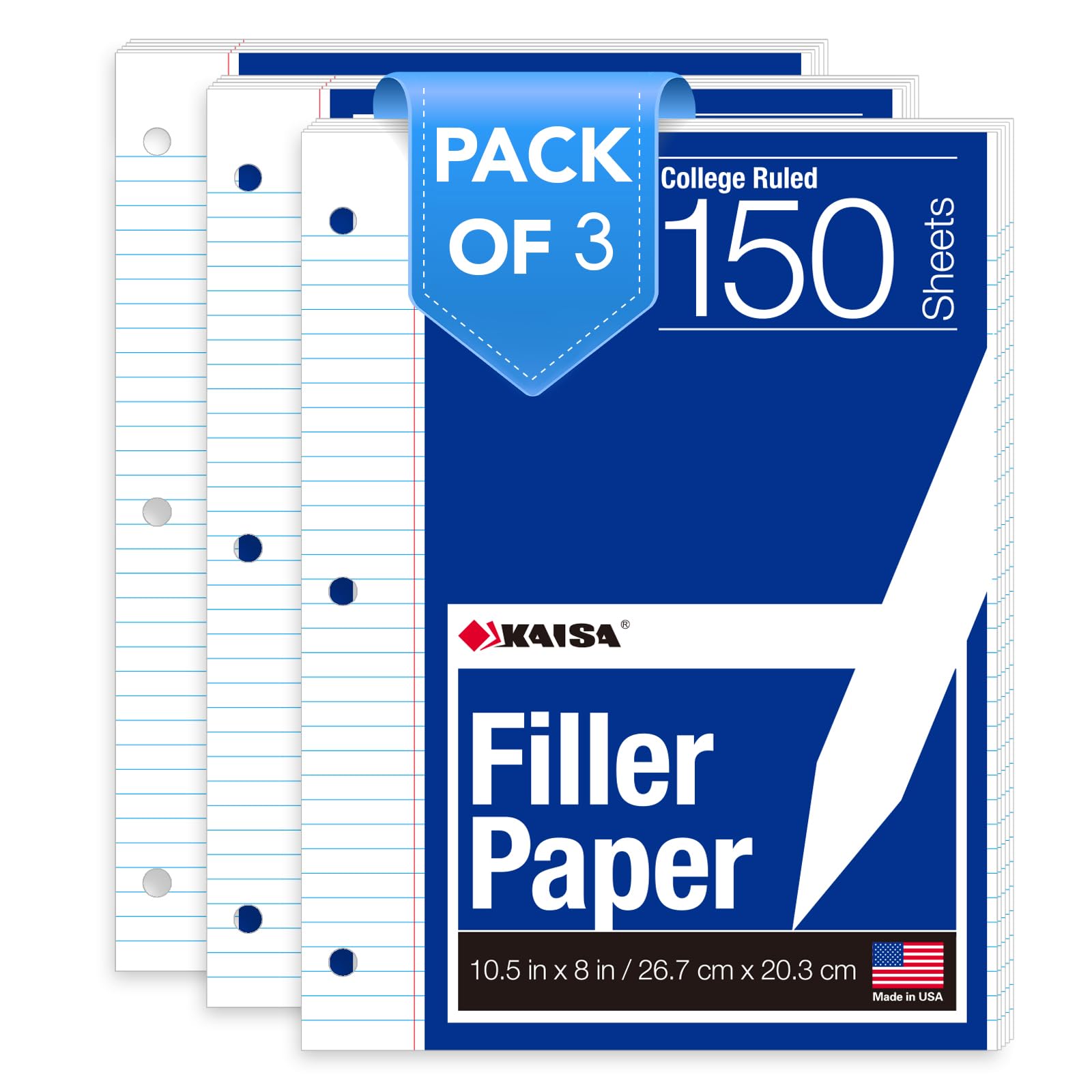 Kaisa Lot de 3 feuilles de papier ligné perforées à 3 trous de 20,3 x 26,7 cm pour classeur à 3 anneaux, 150 feuilles/paquet de papier pour ordinateur portable (college) F15001C-3pk