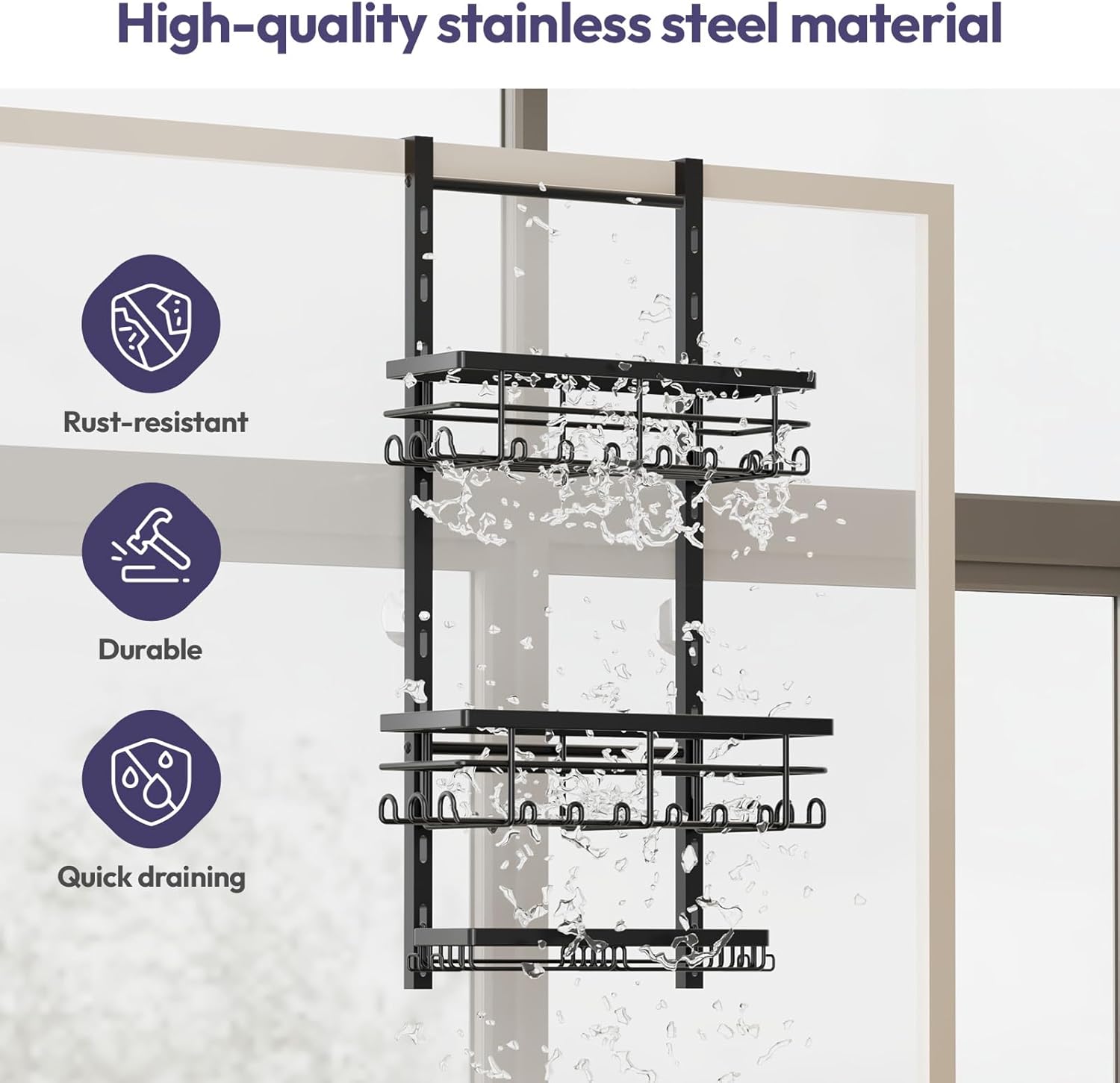 Image of the shower caddy with water droplets, illustrating its rust-resistant, durable, and quick-draining features.
