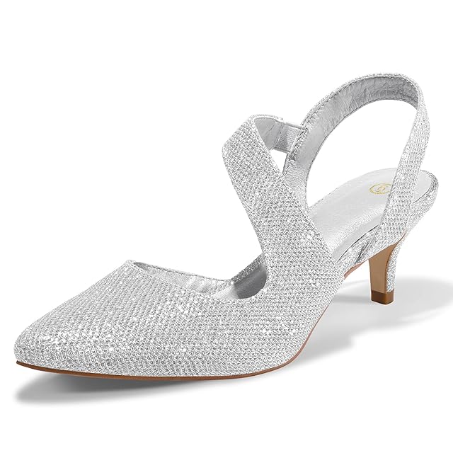 mysoft Women's kitten heel slingback pump in nude, showing pointed toe and ankle strap