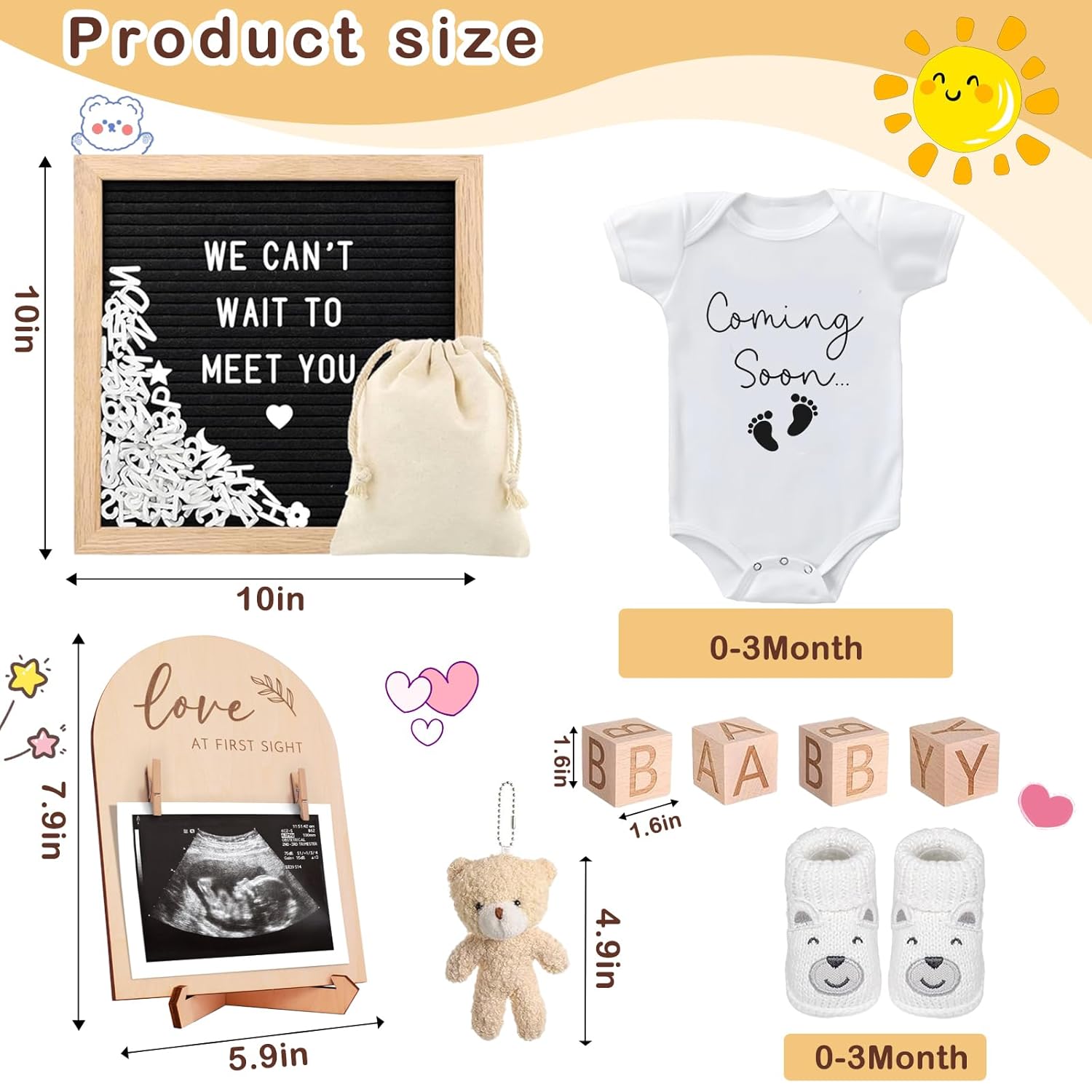 9 Pcs Pregnancy Announcements Set, Include Felt Letter Board Baby Bodysuit Shoes and Wooden Sign Surprise Announcement for Grandparents Partner Gift Family Reveal(Grey Coming soon-white shoe) - Image 2