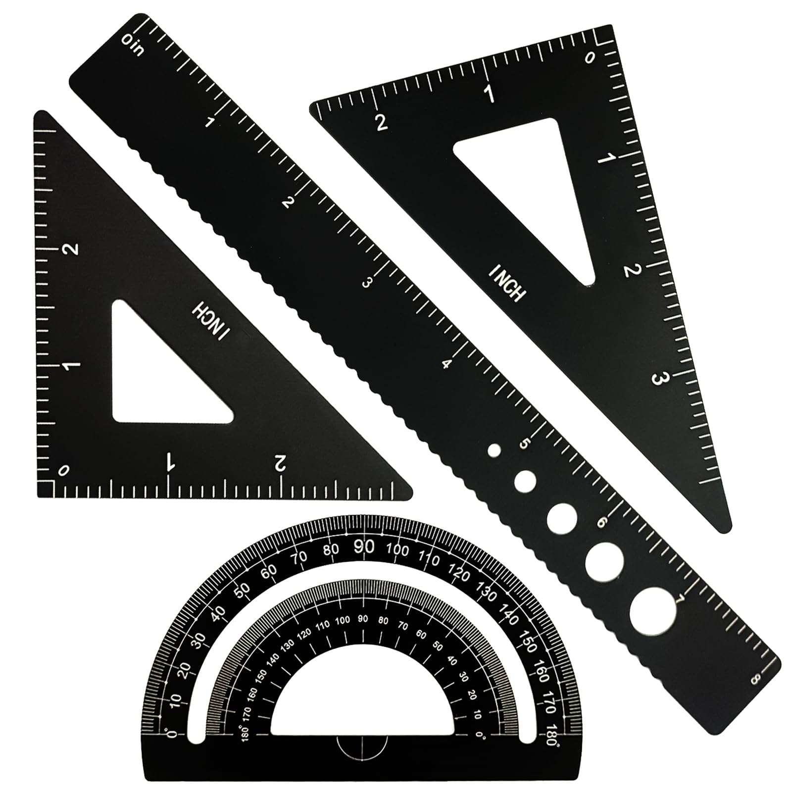 Metal Triangular Scale Ruler Set, 4 Pieces Aluminum 8 Inch Ruler with Metal Triangle Ruler Square Set US Imperial Standard for Students Draftsman and Engineers (Black)