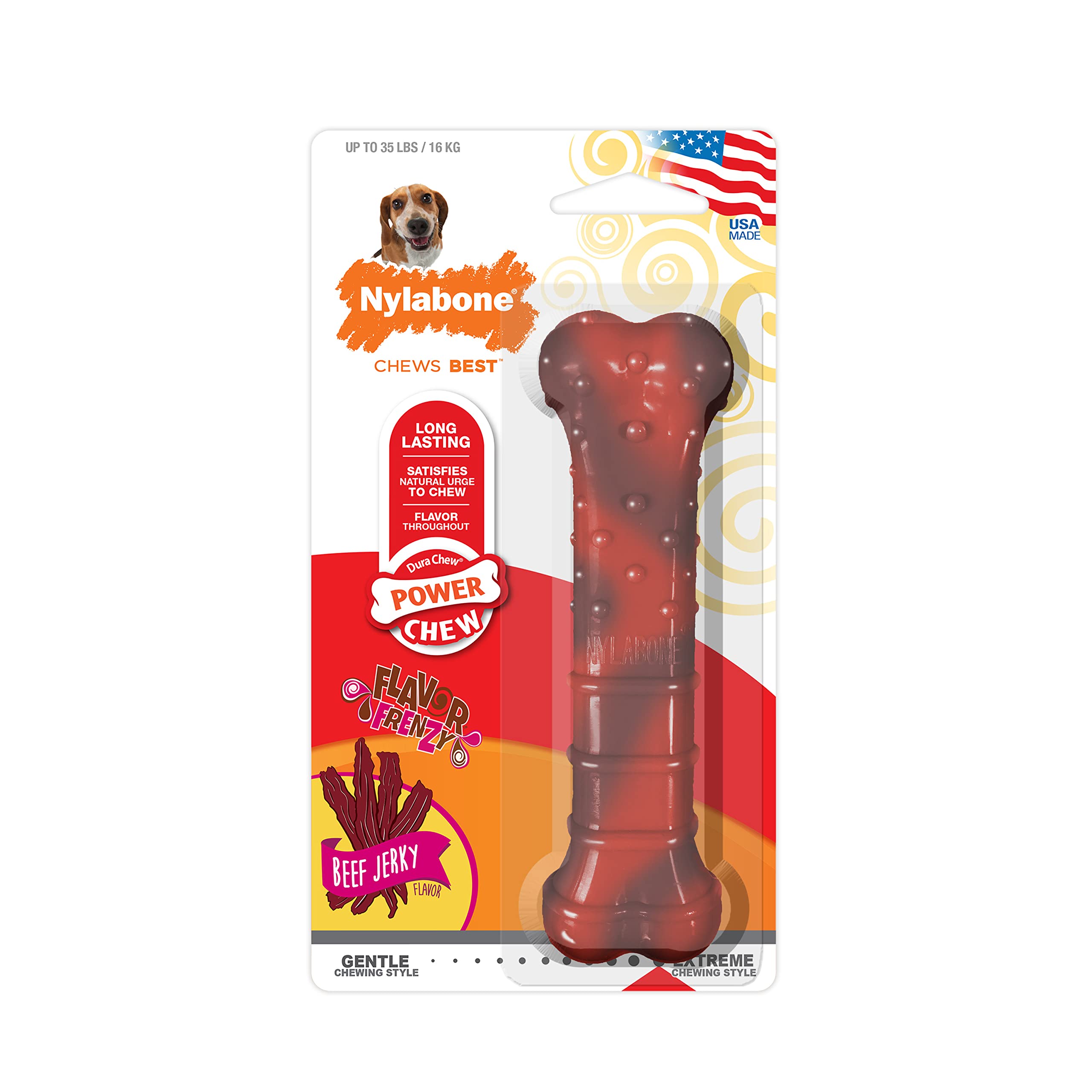 Nylabone Juguete Masticable En Forma de Hueso para la Higiene Dental de Perros con Mordida Agresiva, Hueso con Textura, Sabor A Jerky de Ternera, para Perros Adultos de hasta 16 Kilos