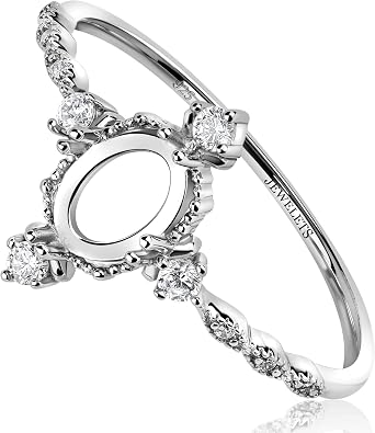 925 Sterling Silver Ring Blank for DIY Jewelry | 5x7 mm Oval Prong Setting, CZ Halo & Side Stones, Rhodium Plated Semi Mount, Vintage Style Cabochon Only