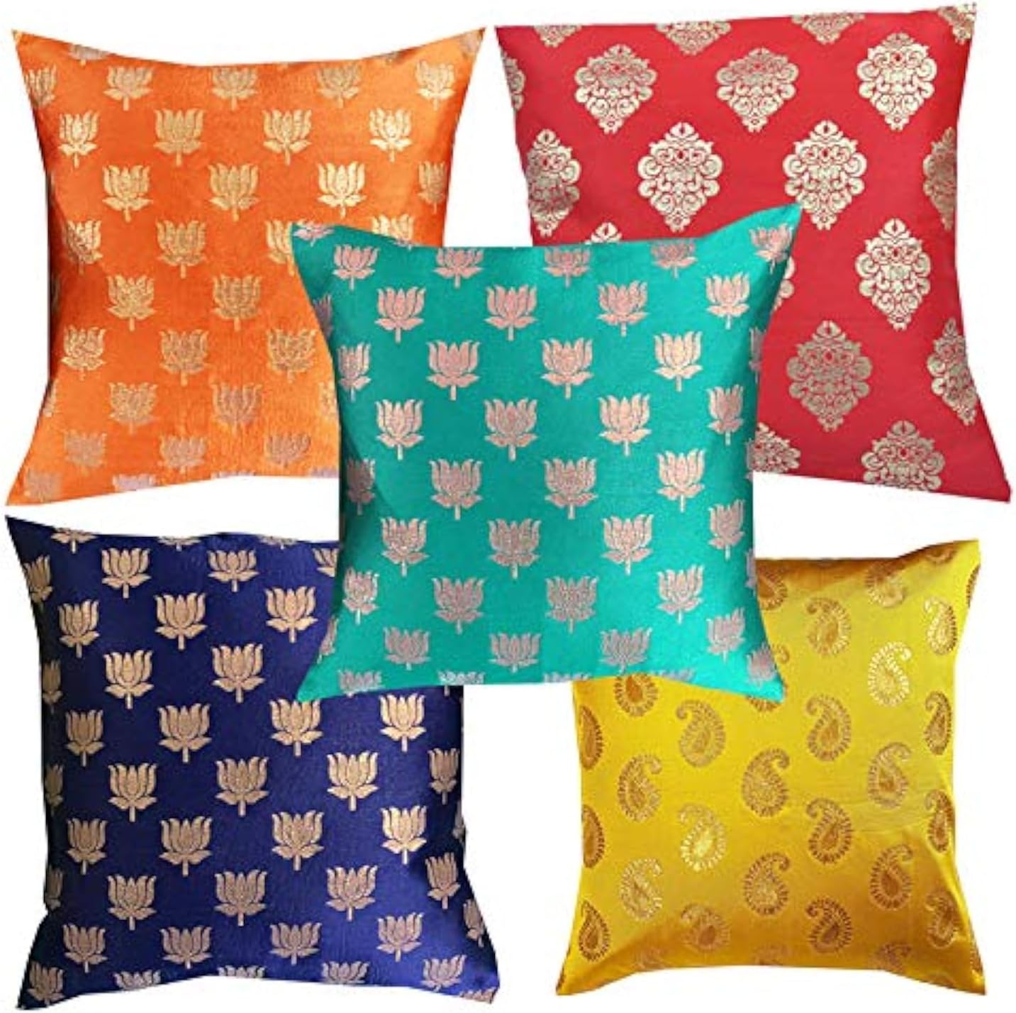 Pink Parrot- Art Silk Multi Colour Lotus Cushion Cover with Zipper 16x16 inch-Set of 5 pcs