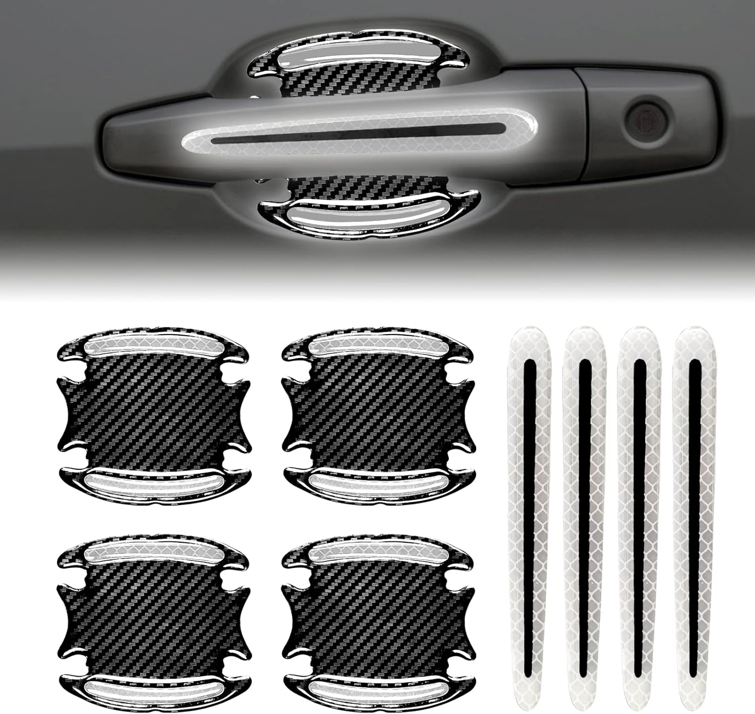 8Pcs 3D Car Door Handle Cup Protector, Reflective Stripe