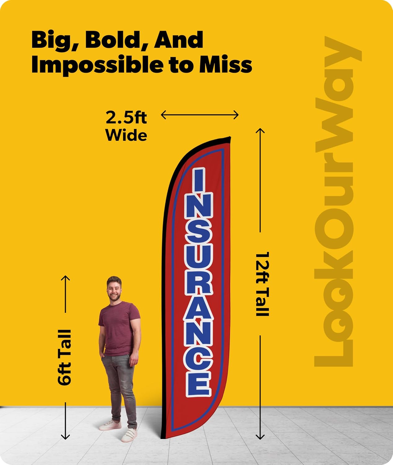 LookOurWay Feather Flag Banner - 12 Feet Tall Advertising Flags for Outdoor Business and Events Promotion - Swooper Flag Only - Financial Service Flags - Insurance Red (10M1200049)