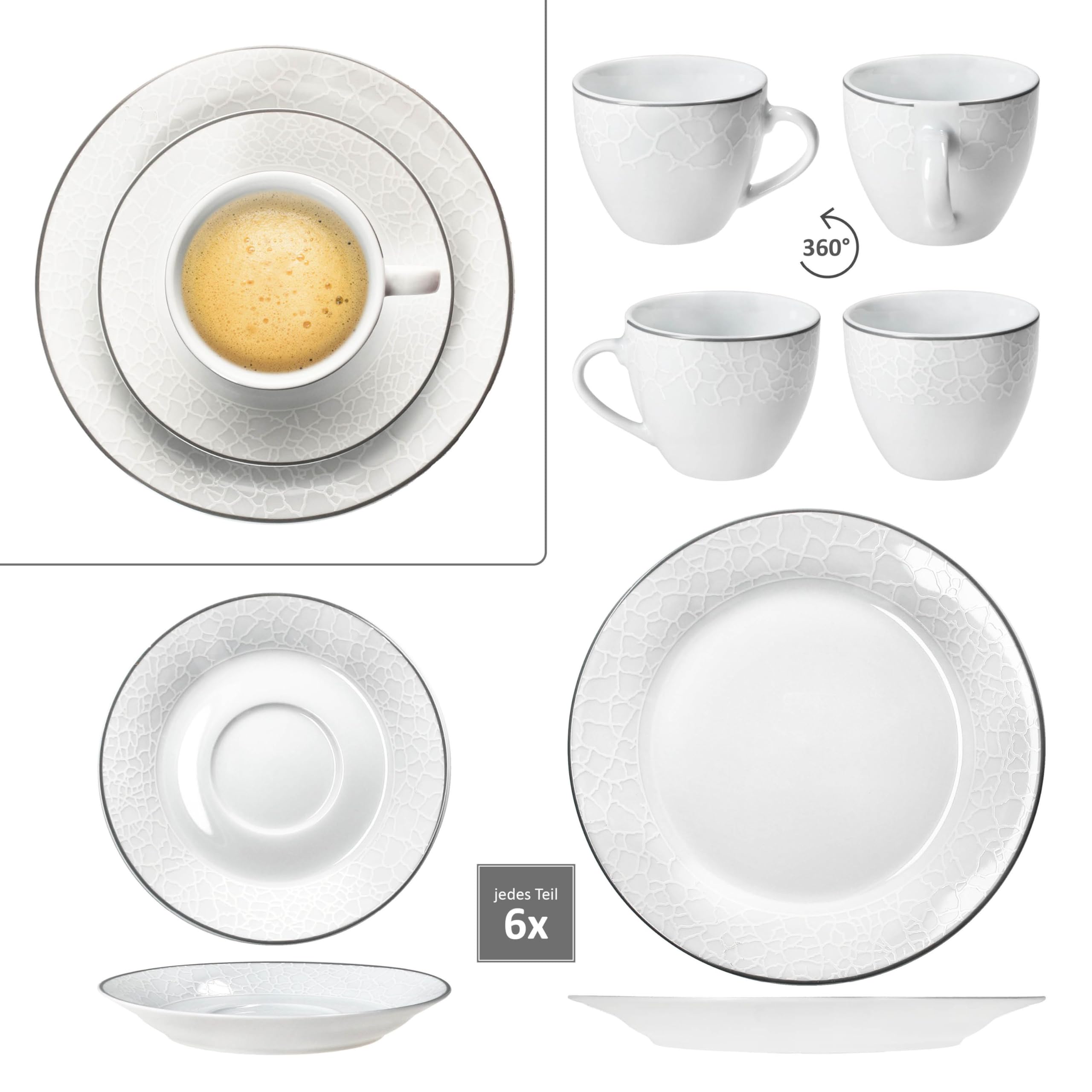 MamboCat Venedig 18tlg Kaffeeservice I weißes Porzellan Geschirr mit Relief in Kieselstein-Optik & Grauer Linie für 6 Personen I je 6X Kaffeetassen 180ml, Untertassen & Kuchenteller