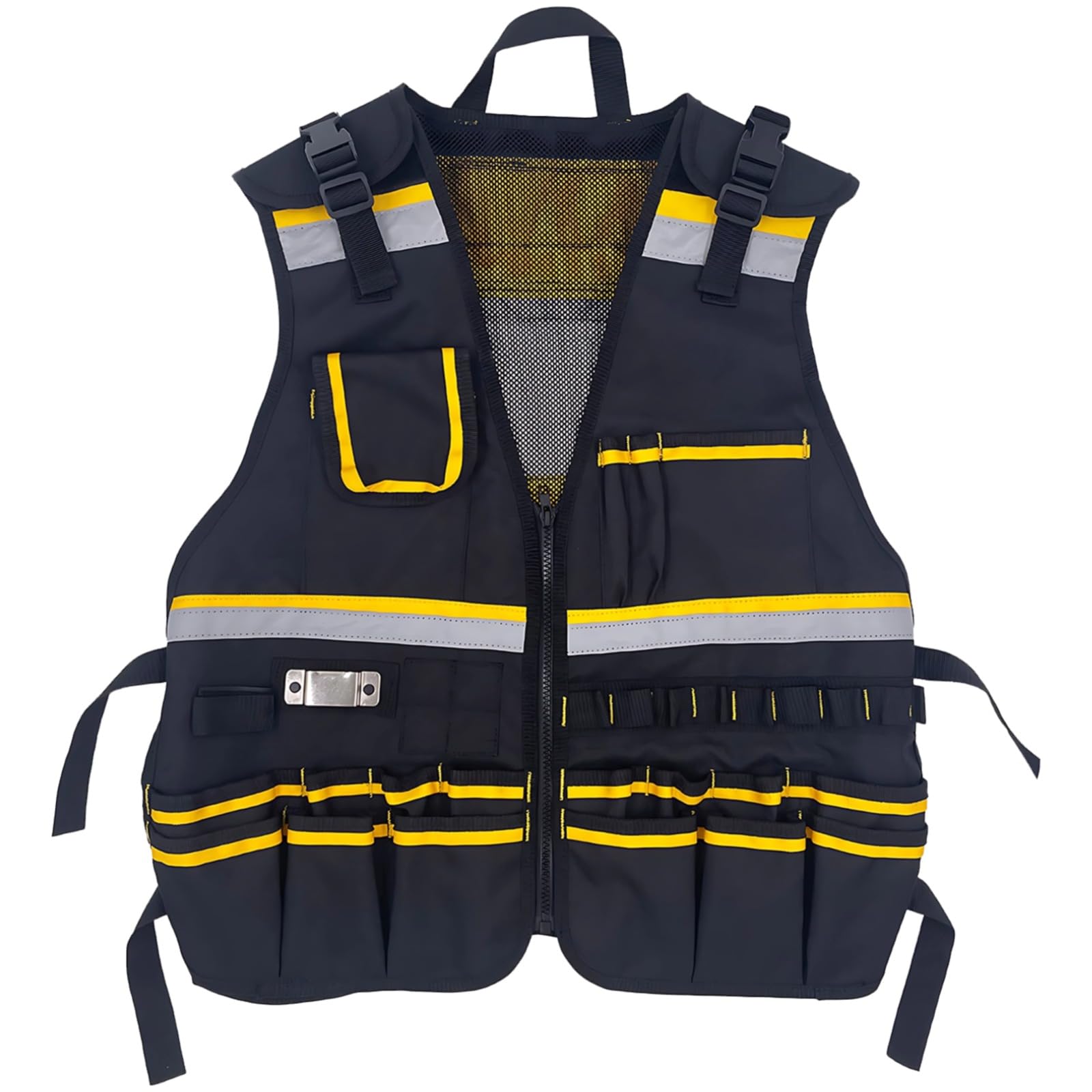 Chaleco de herramientas para carpinteros y electricistas, chaleco de trabajo con múltiples bolsillos para construcción, tiras reflectantes, poliéster transpirable y tela Oxford, negro y amarillo