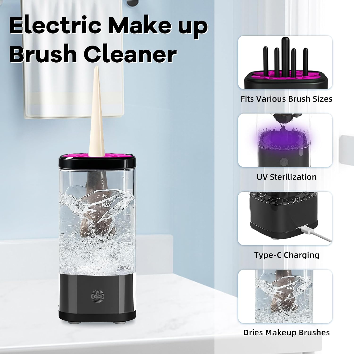 3 IN 1 Electric Makeup Brush Cleaner Machine, Portable Automatic USB Cosmetic Brush Cleaner Dryer for All Size Beauty Makeup Brushes Set, Foundation brush, Contour, Eyeshadow, Blush Brushes