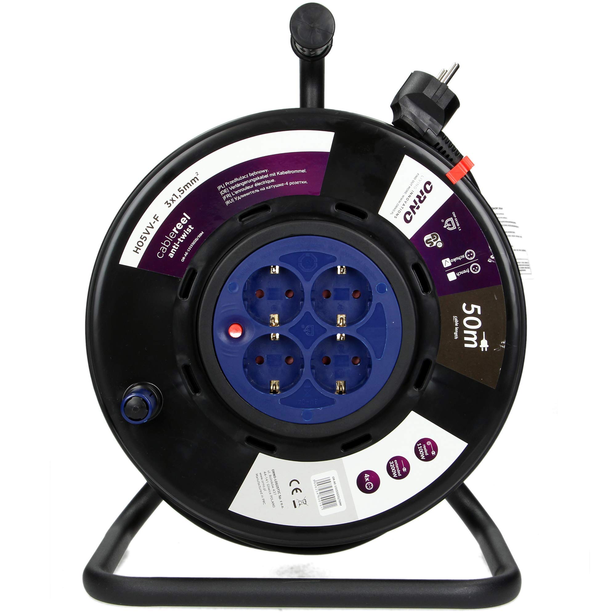 ORNO AE-13155(GS) Enrollacables PVC H05VV-F 3x1,5 mm² Tambor de cable 4 vías 3200 W (50m)