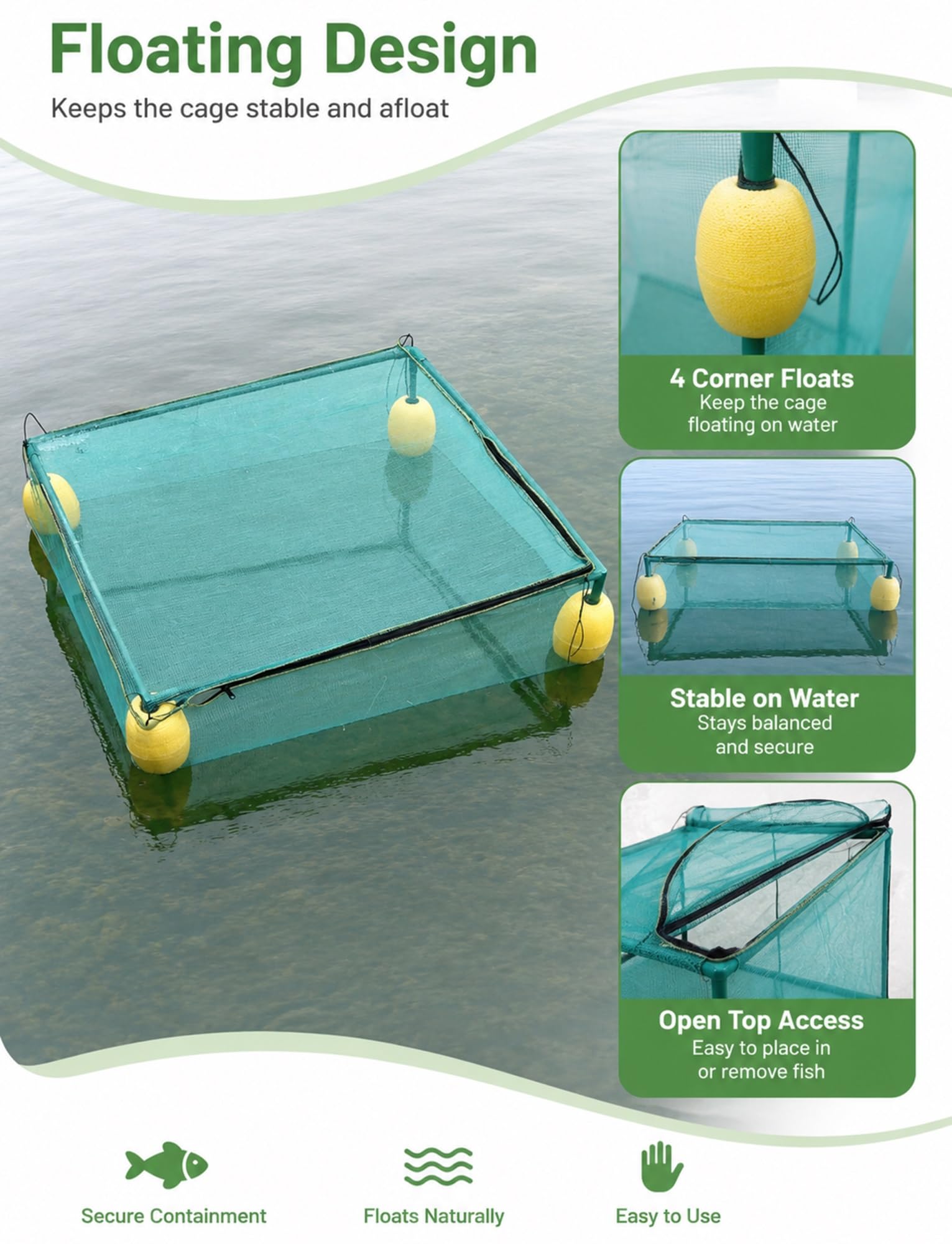 Jaula Flotante para Peces con Cremallera para Estanque Lago y Pesca