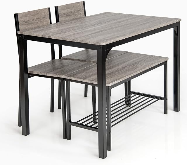 GiantexUK 5PCS Wooden Dining Room Set, Rectangular Table with a Bench and 2 Chairs, Space Saving Kitchen Furniture Set for Living Room, Dining Room and Bar (Grey)
