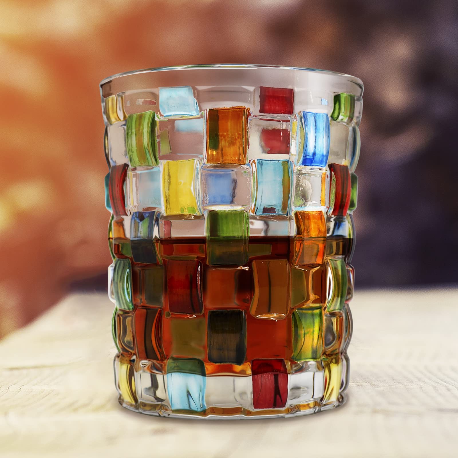 Handbemaltes Stielloses Cocktailglas – Bunt Gestreift, Mundgeblasen | Einzigartiges Design, Perfekt Für Whisky & Cocktails