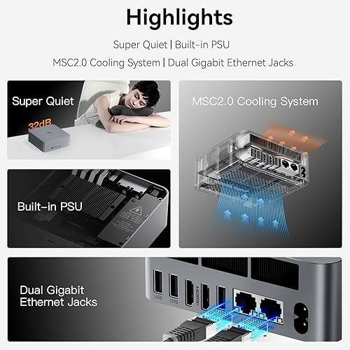 Vista 17 de Beelink Mini PC de escritorio EQR5 con AMD Ryzen 5 5500U 6C/12T, 16GB DDR4 500G NVMe M.2 SSD, salida de pantalla dual, fuente de alimentación