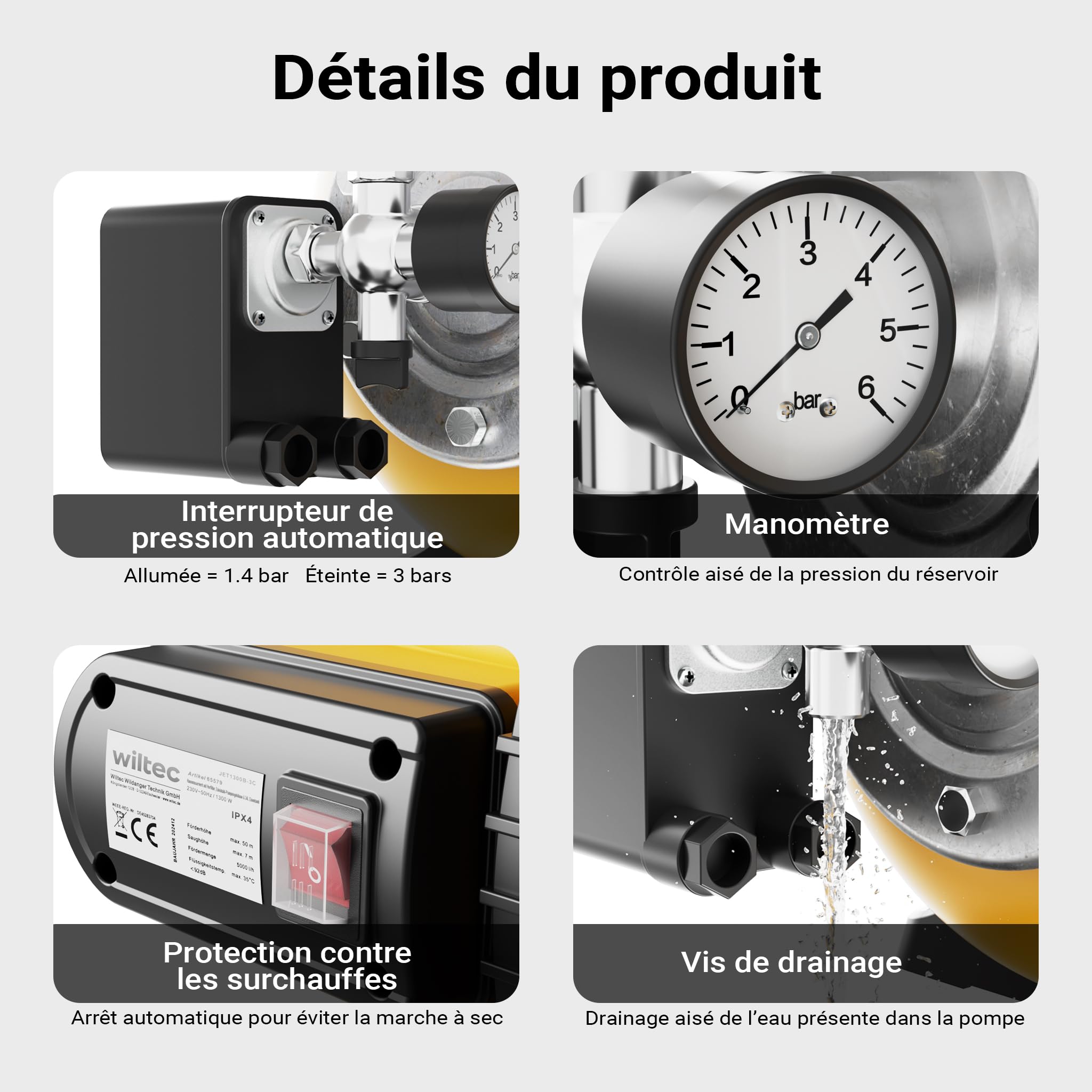 Wiltec Station d'eau domestique 1300 W 5000 l/h H 50 m P 7 m 2850 tr/min réservoir 24 L Arrosage irrigation jardinage