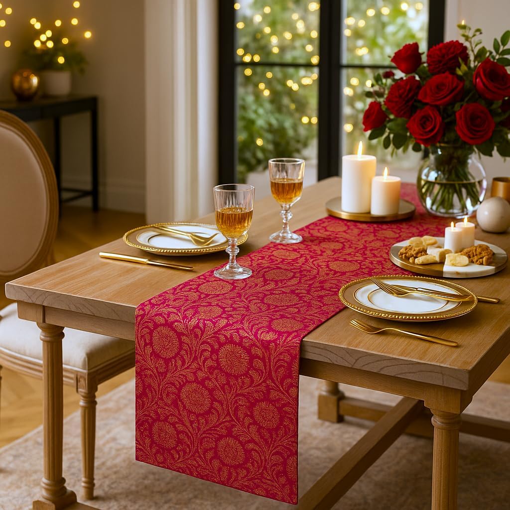 Luxury Indian Banarasi Brocade Silk Table Runner Pink & Gold Jacquard with Tassels 13x108 Inches|Perfect for 8-10 Seater Dining, Center, or Console Table Festive Diwali Decor & Gift|WWW.THROWPILLOW.IN