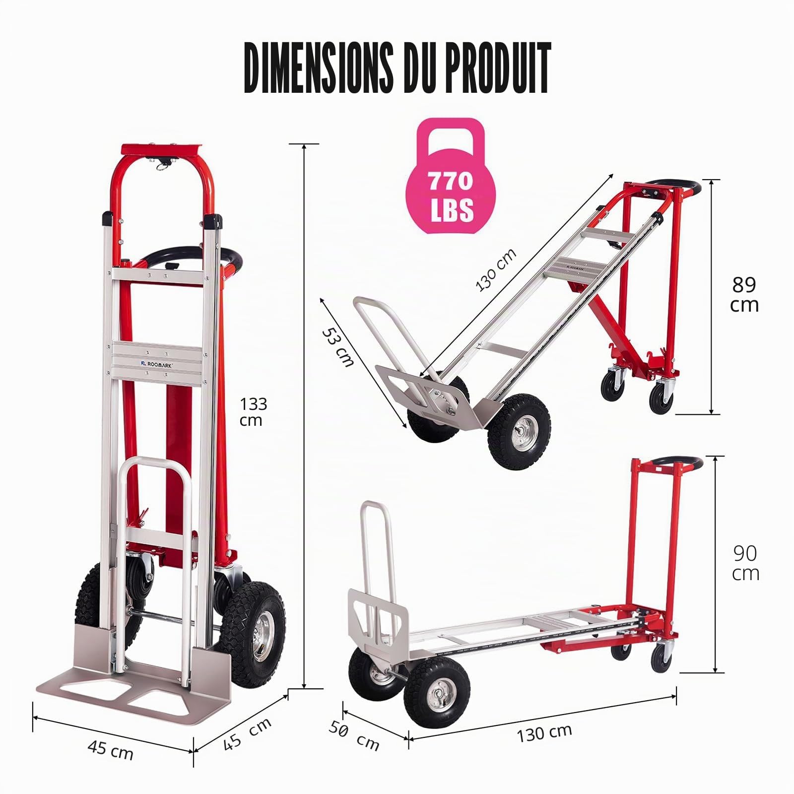 4-en-1 Diable Pliant en Aluminium,Chariot de Déménagement de Manutention 363/454 kg, Diable Convertible en Chariot à Plate-Forme Roues antidérapantes pour Transport Entrepôt Marchandises