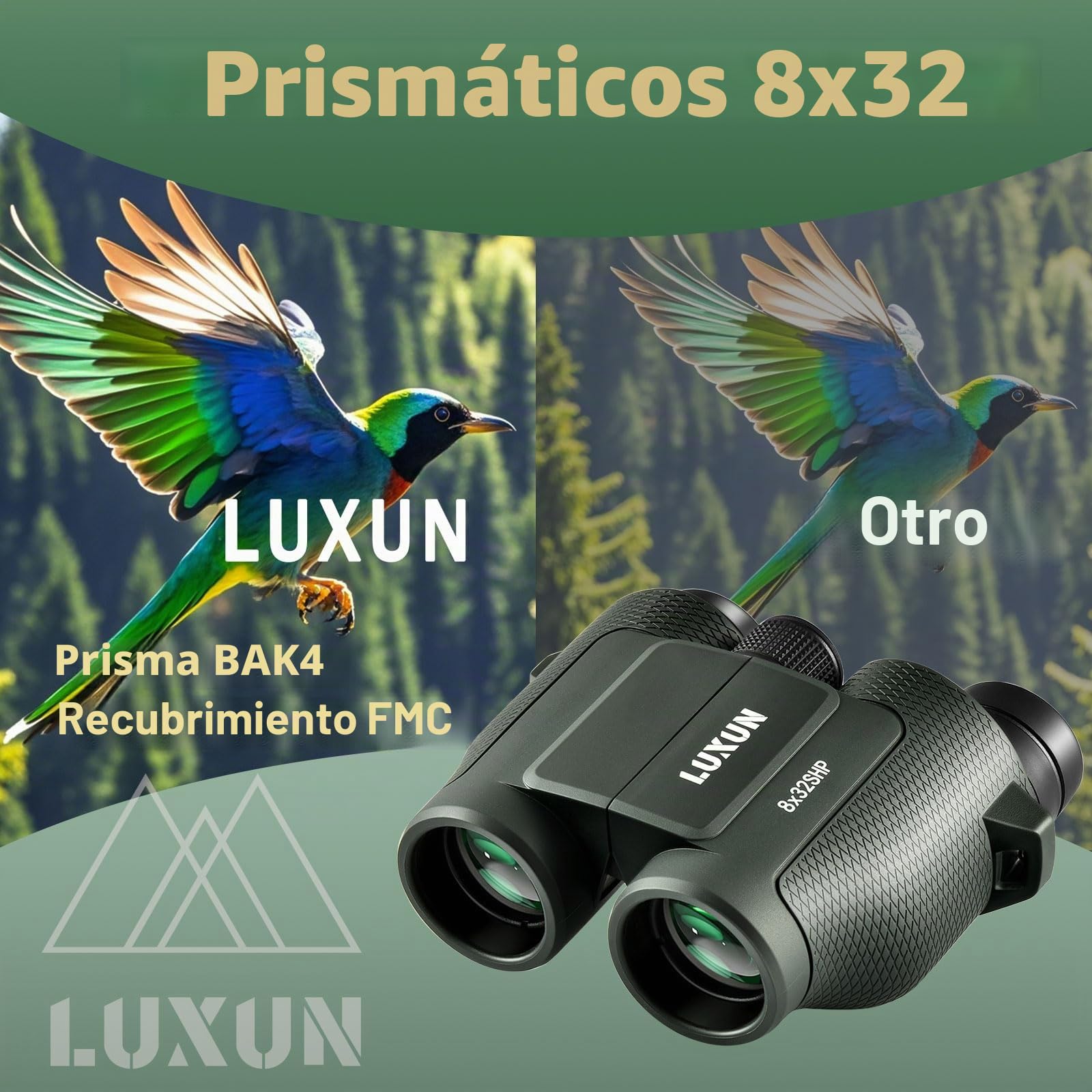 LUXUN Prismáticos pequeños para adultos, 8 x 32, para caza, ocular grande, ultrasharp, mini binoculares para observación de aves, color verde