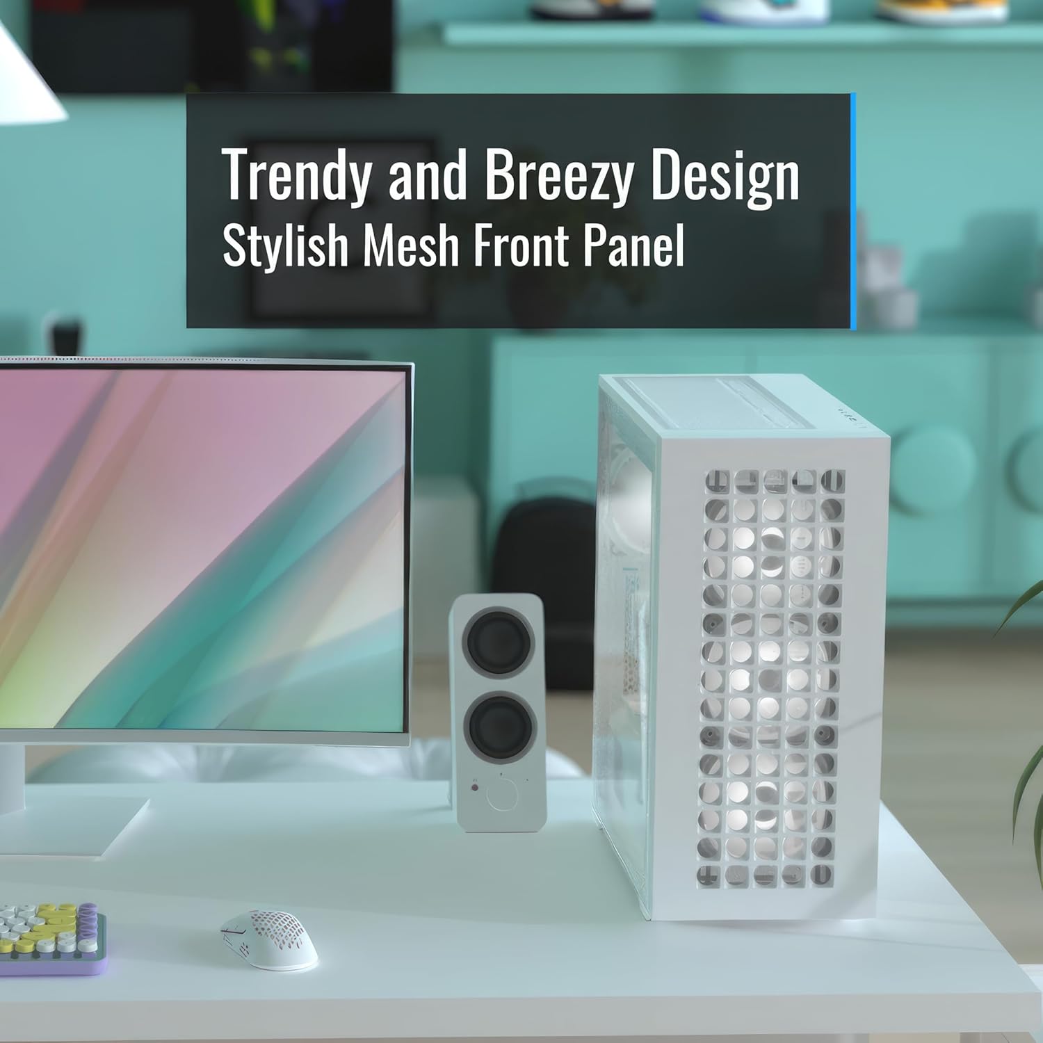 White AeroCool D502A case on a desk, highlighting its mesh front panel