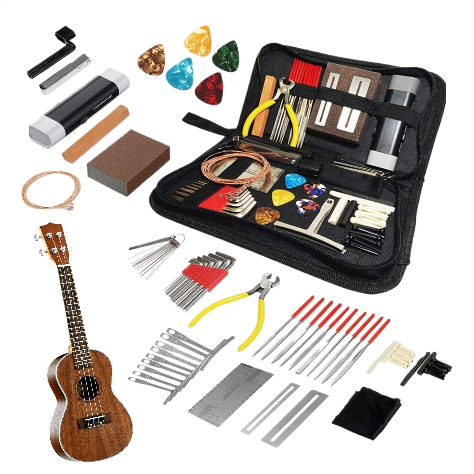 Kit de configuración de guitarra, kit de herramientas de guitarra - Kit de mantenimiento 72x con de transporte - Accesorios de instrumentos de cuerda Conjuntos con alfileres de puente Strings, suminis