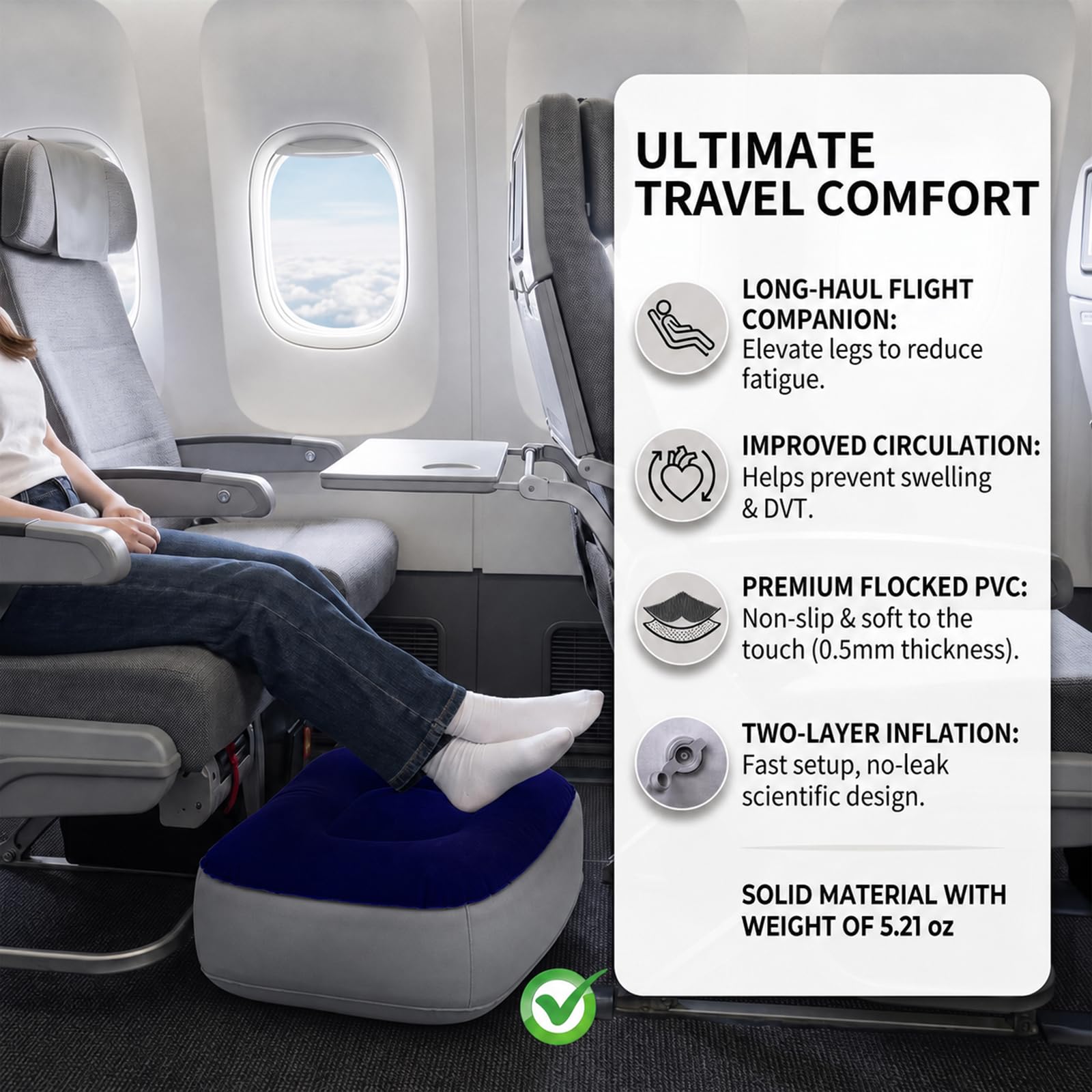 Aufblasbare Fußstütze für Flugzeugreisen, tragbares Reise-Fußkissen für Büro, Schreibtisch und Auto, verstellbare Beinstütze für sparsamen Flugkomfort (2 Stück)