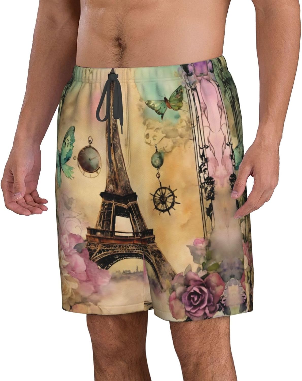 Paris Eiffel Tower Print Men's Quick-Drying Shorts Casual Beach Pants Stretch Waist Shorts and Pockets