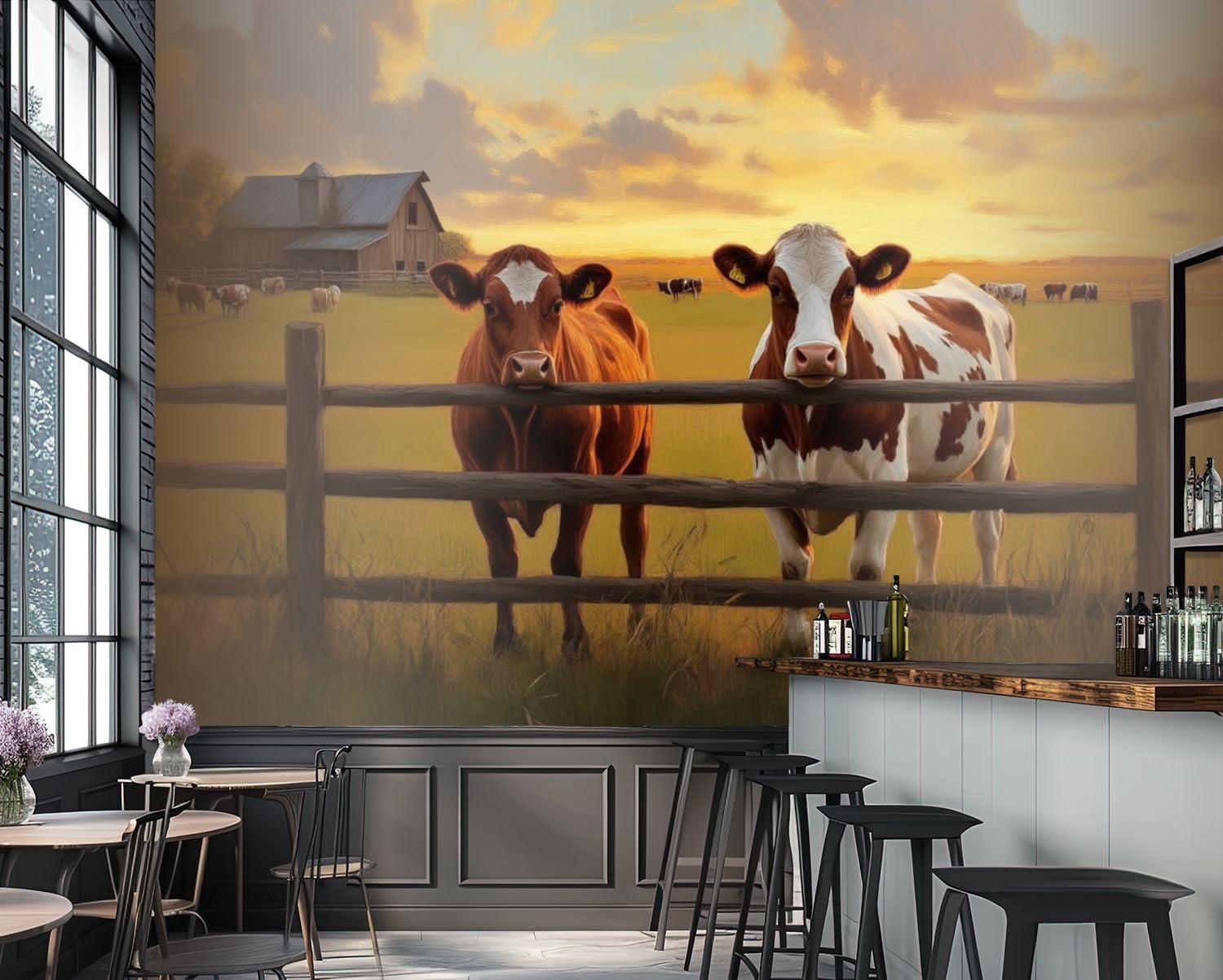 Wall Mural Rustic Farm Landscape Barn Cows Sunset Scene Vintage Country Farmhouse Peel & Stick Wallpaper Removable Self-Adhesive Large Wall Sticker Wall Decor for Bedroom Living Room Nursery 100"x144"