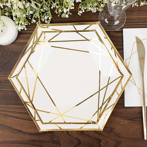 Miniatura 8 de Efavormart - Paquete de 25 platos de papel hexagonales de postre blancodorado de 7 pulgadas, platos de aperitivos, platos desechables para fiestas