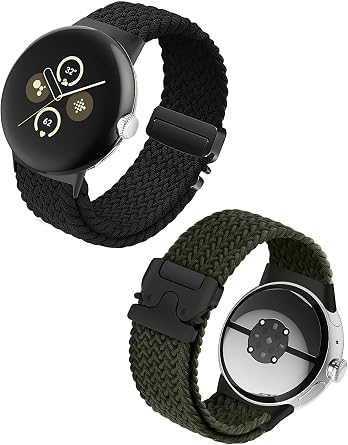 2 Pack Nylon Braided Bands Compatible with Google Pixel Watch 4/3 /2/1 41mm 45mm Bands,Elastic Breathable Sport watch Straps for Men Women - Upgraded Parachute Buckle Pixel Watch Band