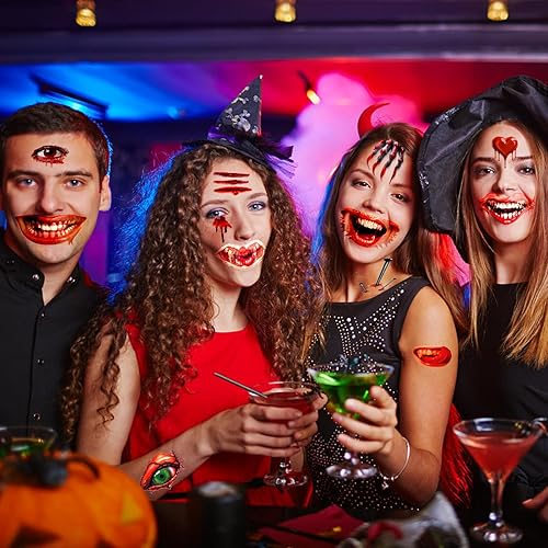 Miniatura 7 de Tatuajes falsos de cicatriz de zombi, kit de tatuajes de maquillaje de Halloween, 30 hojas de dientes falsos de vampiro, araña/boca, calcomanías